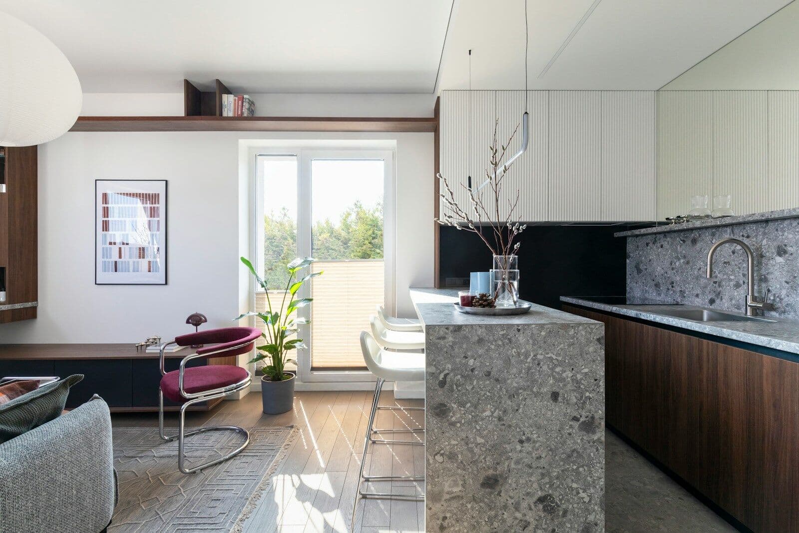 Bright modern kitchen and living area in a show suite