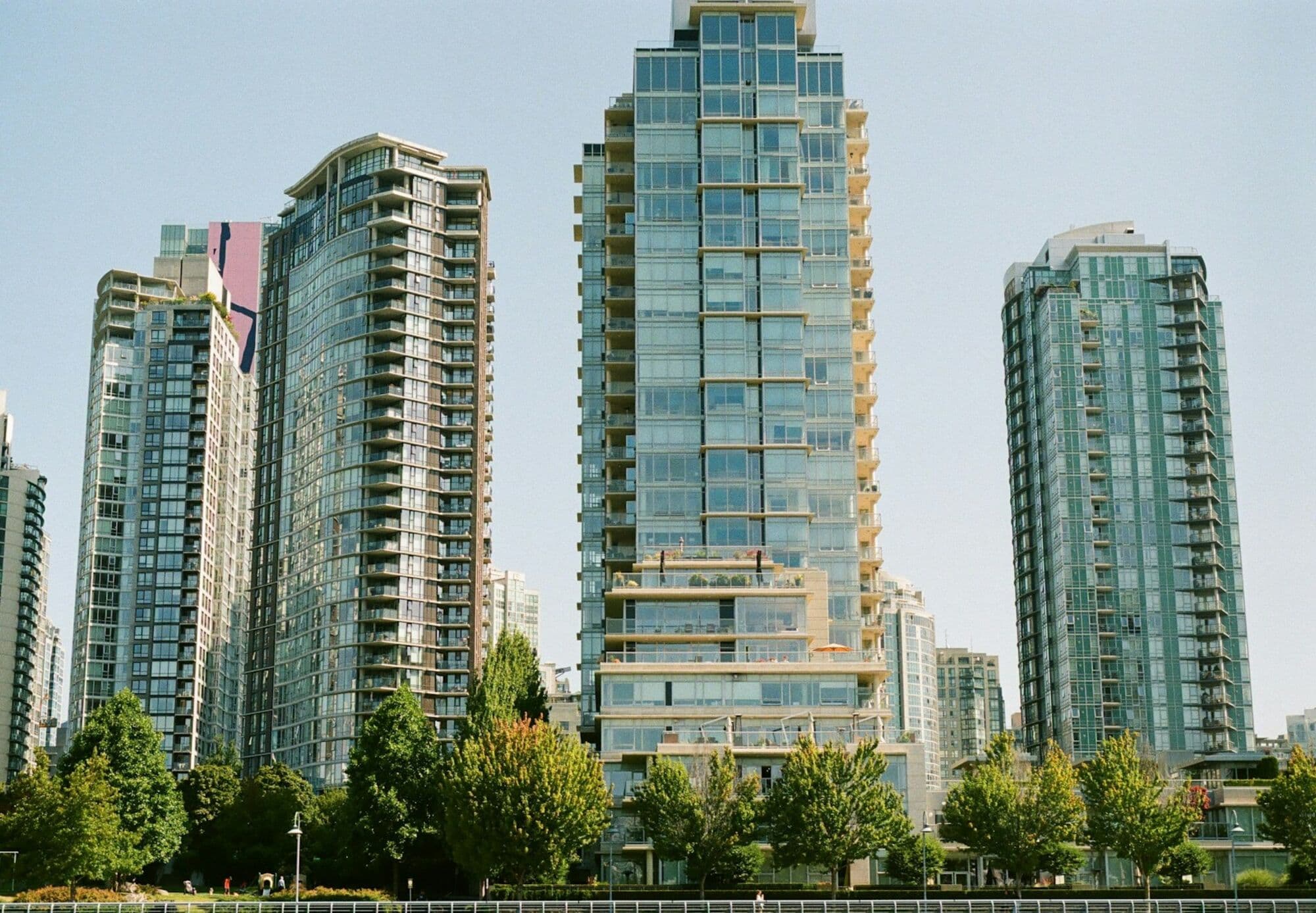 New high-rise condo towers behind green trees