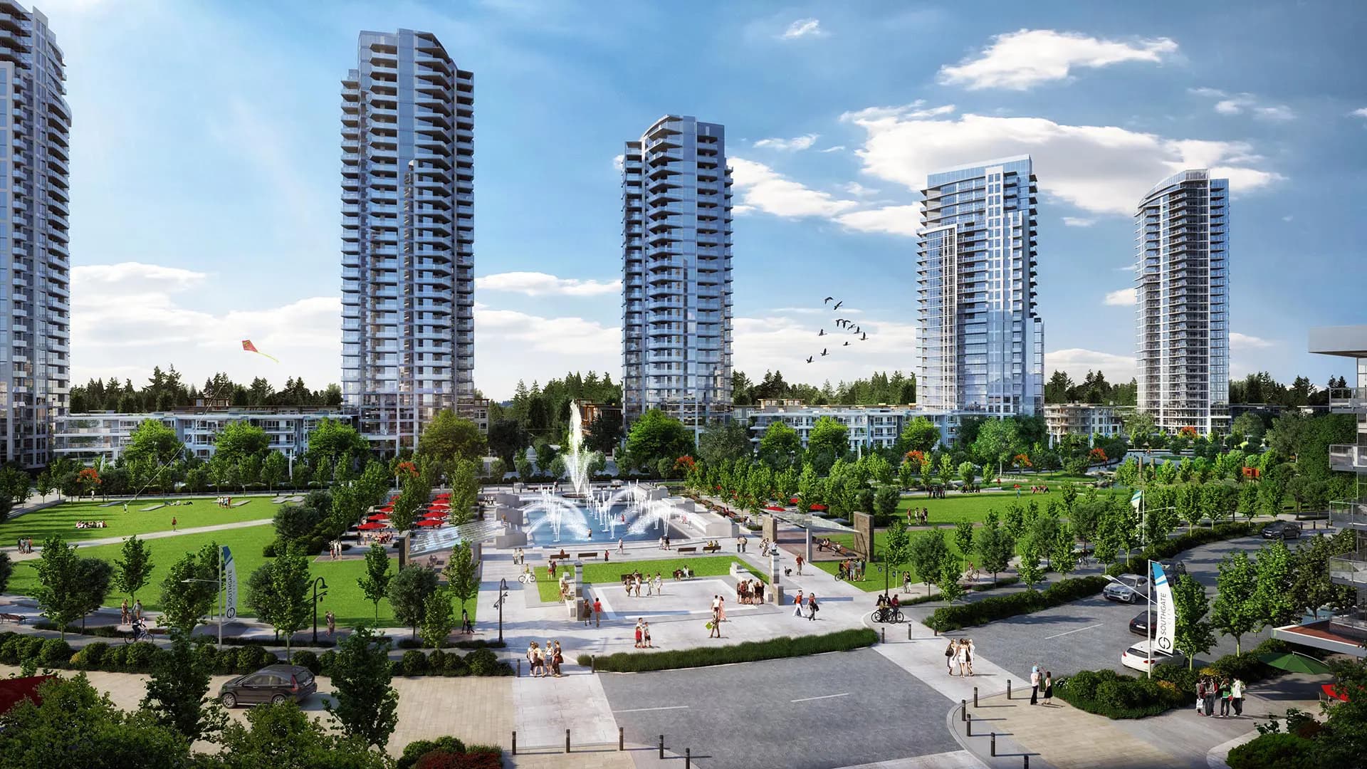 Southgate City – A central public park and plaza surrounded by residential towers, with a large fountain, open lawns, people walking and flying a kite, and birds flying overhead.