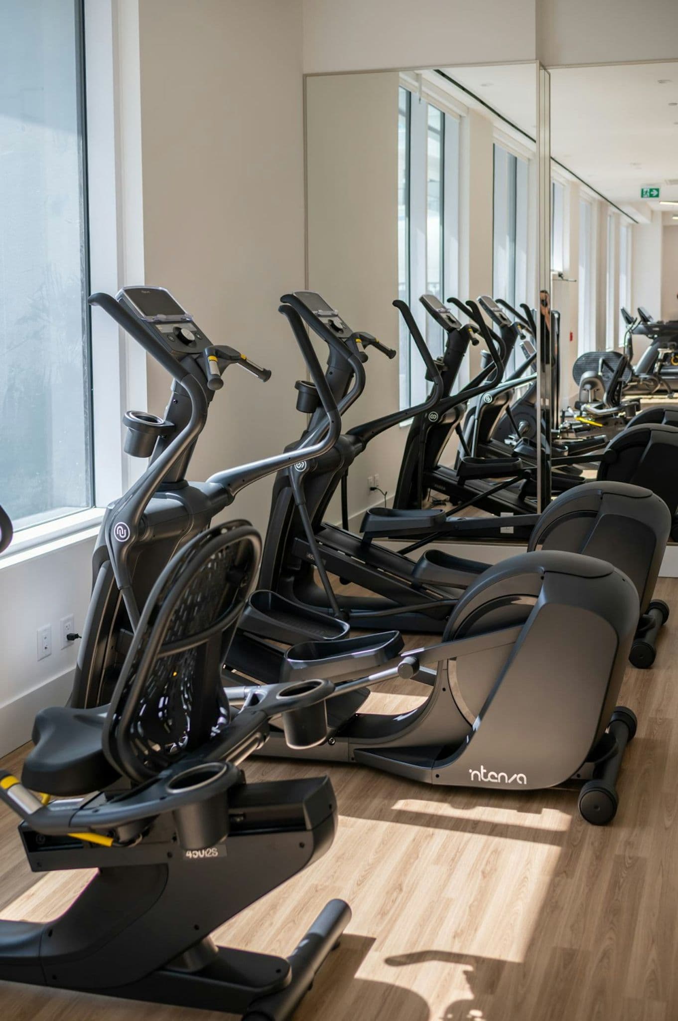 The Standard – Building fitness room with a row of elliptical trainers and cardio machines along a mirrored wall with large windows.