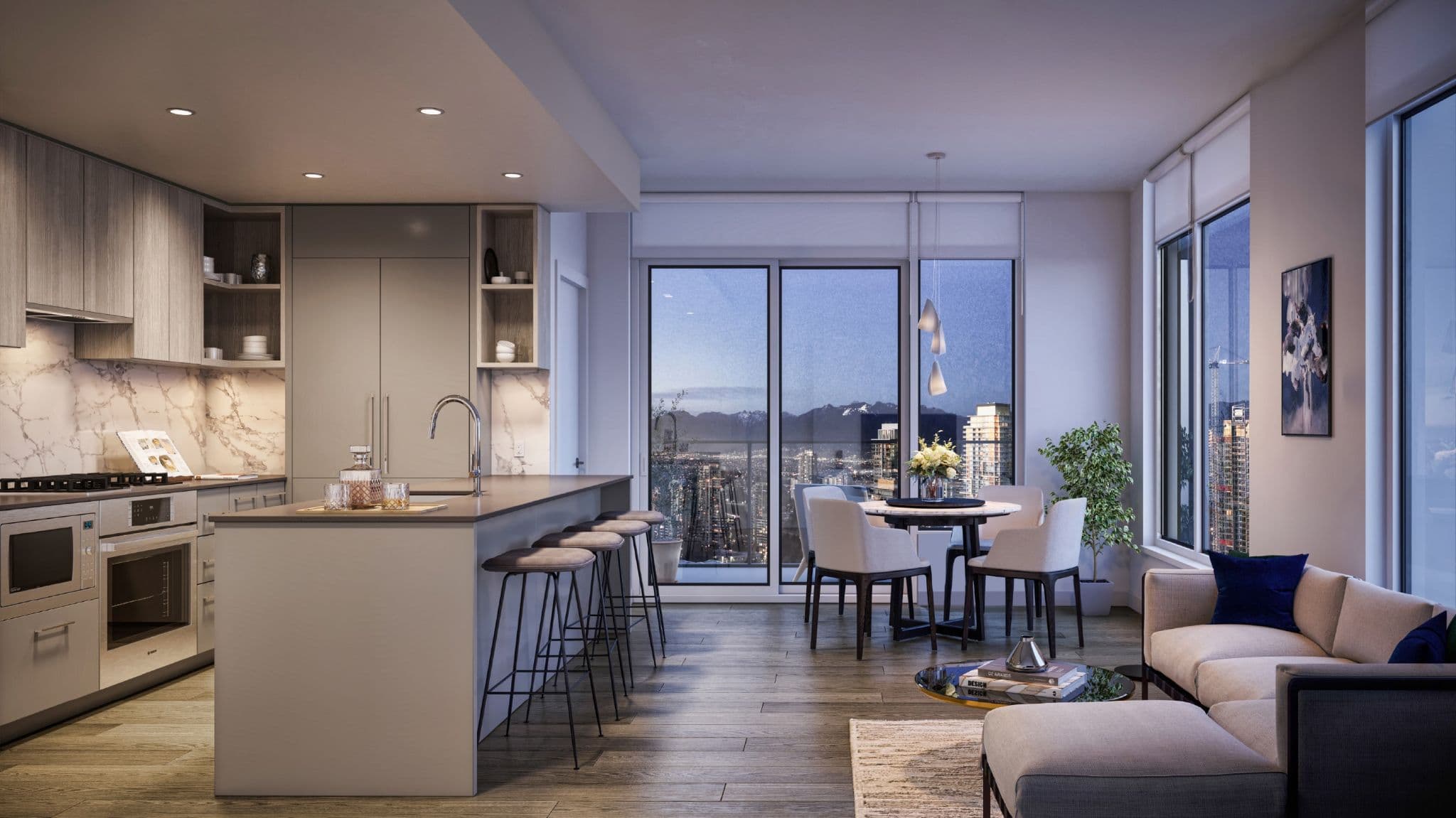 The Standard – Rendering of an open-concept condo kitchen, dining table, and living room with floor-to-ceiling windows showing a night city and mountain skyline.