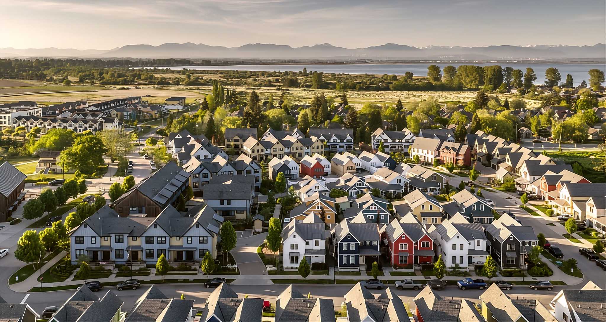 Market Commons – An elevated view showcases a planned residential neighborhood filled with colorful, gabled-roof homes nestled along quiet suburban streets. In the distance beyond the community, open green fields stretch toward a body of water and a backdrop of mountain ranges under a soft late-afternoon sky.
