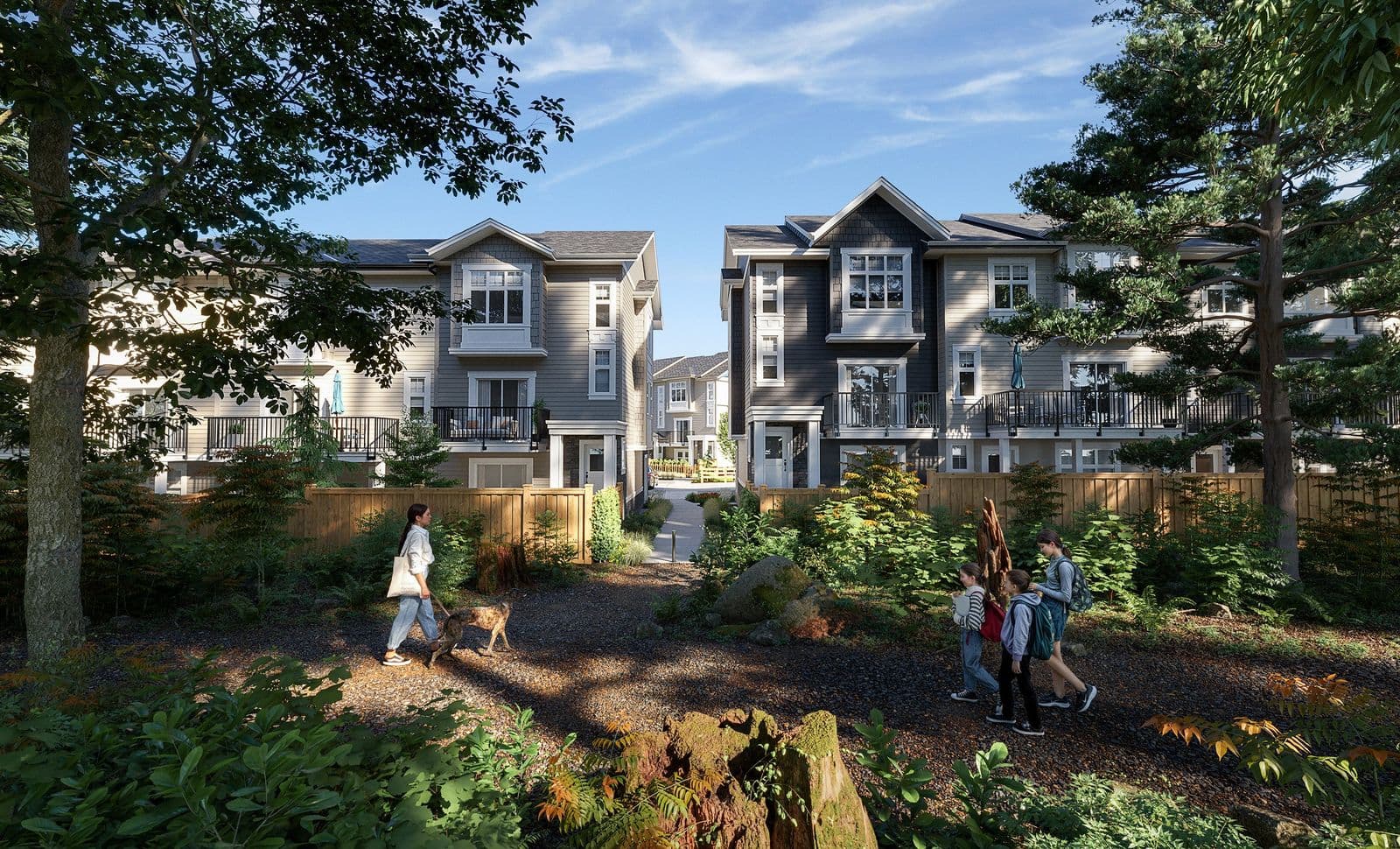 Griffon – Townhomes viewed through a landscaped pathway with people and a dog walking, and children walking with backpacks.