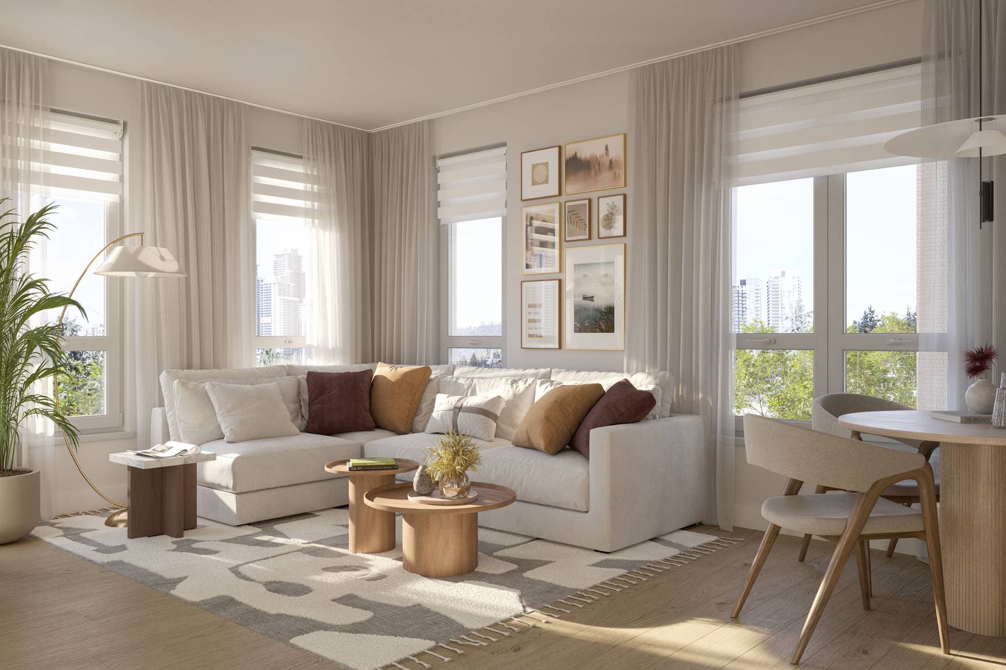 Level – A sunlit modern corner living room featuring a large off-white sectional sofa adorned with earthy-toned cushions, twin wooden coffee tables, and a patterned rug over light wood floors. Sheer curtains frame multiple large windows offering bright daytime views of distant city towers and treetops.
