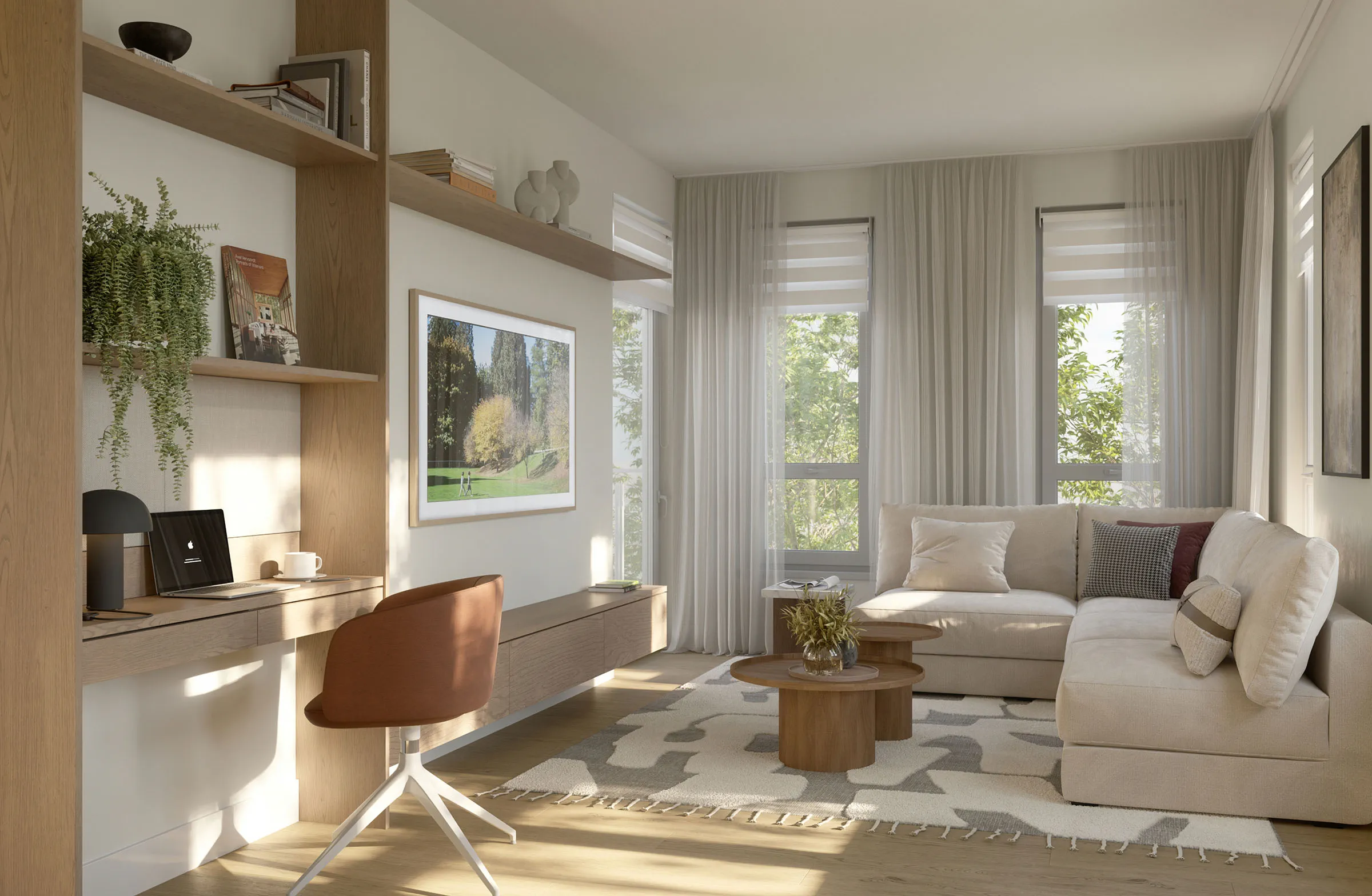 Level – A sunlit contemporary living space featuring a built-in wooden work desk and floating media console alongside a cream-colored sectional sofa and round wooden coffee tables. Large windows with sheer drapery bring in natural daylight and serene green foliage views, creating a warm, modern aesthetic.