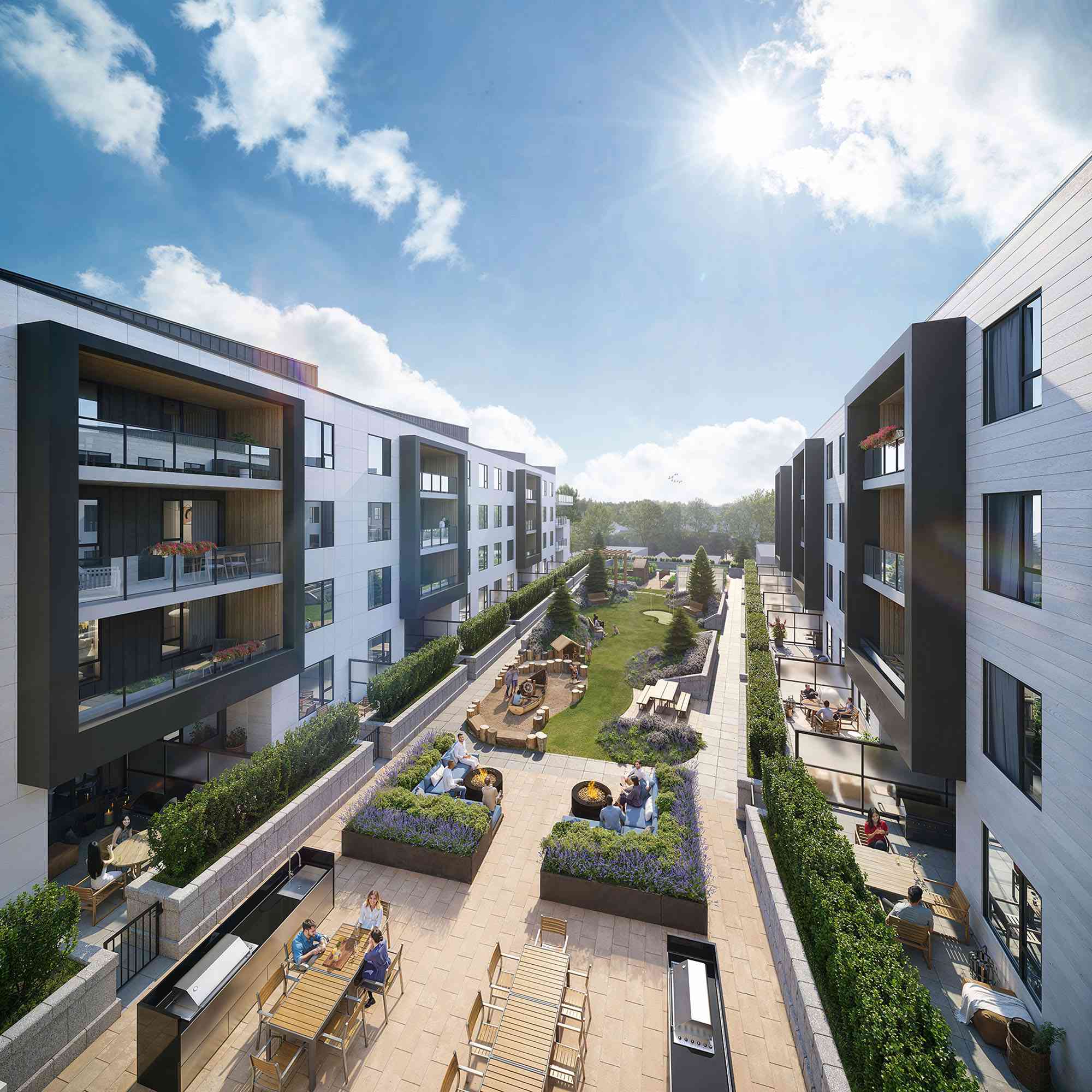 Bridge & Elliott – Elevated rendering of a shared central courtyard between two mid-rise buildings featuring a putting green, children's play area, fire pit lounges, BBQ stations, and dining seating.