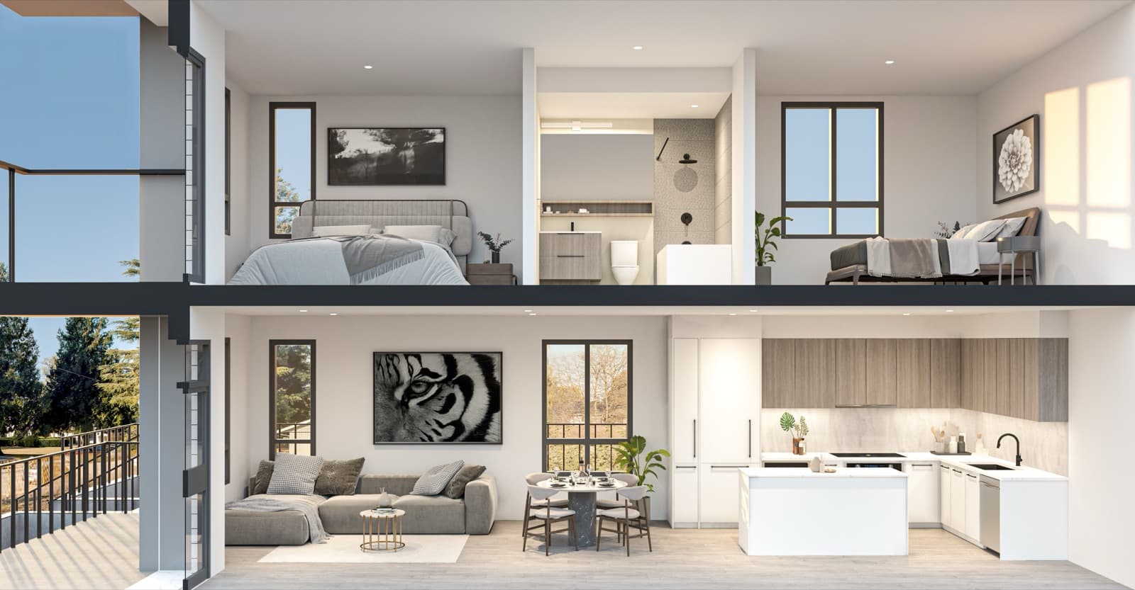 Véra – A cutaway rendering of a two-level home showing bedrooms and a bathroom upstairs, and a living room, dining area, and kitchen downstairs.