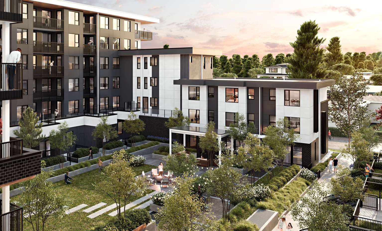 Halo – Elevated view of a landscaped shared courtyard between two mid-rise buildings with a fire pit seating area, lawn, and residents relaxing at dusk.