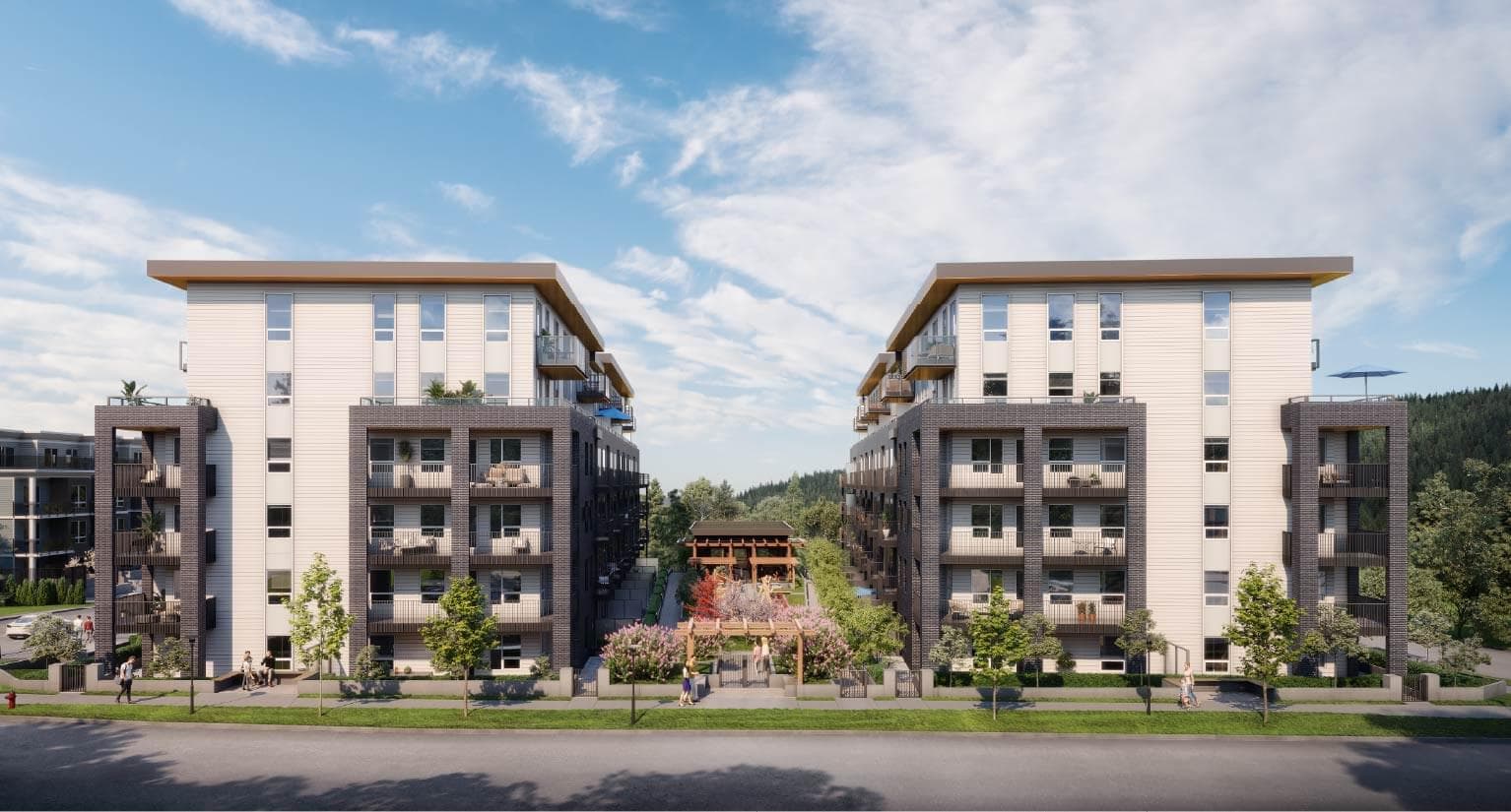 Port & Mill – A street-level eye-level rendering of two multi-story residential buildings featuring light siding and dark brick lower levels. Between the two structures lies a central landscaped courtyard with a wooden pergola, blooming trees, and walking paths under a clear daytime sky.