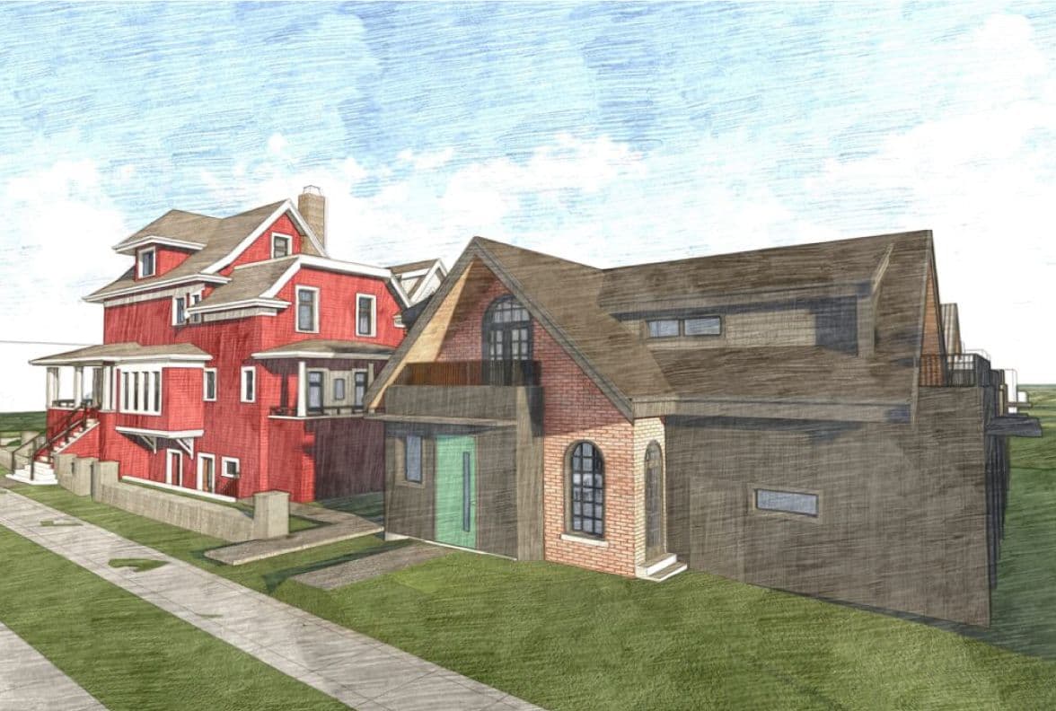 Gibson House – An architectural sketch depicting a street-level view of two multi-story residential homes, featuring a modern brick and wood structure with a teal front door next to a traditional red siding house with white trim. The drawing shows a concrete sidewalk, green lawns, and a bright blue sky filled with light clouds.