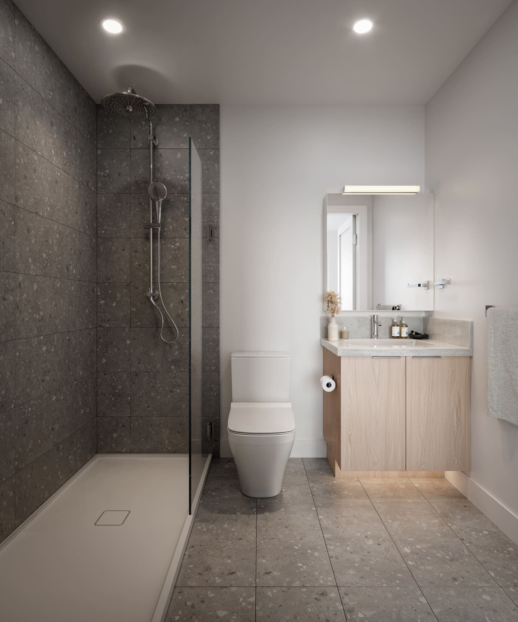 Oaklyn – A bathroom with a curbless walk-in shower with dark stone tile, a freestanding toilet, and a light wood vanity with a lit mirror.