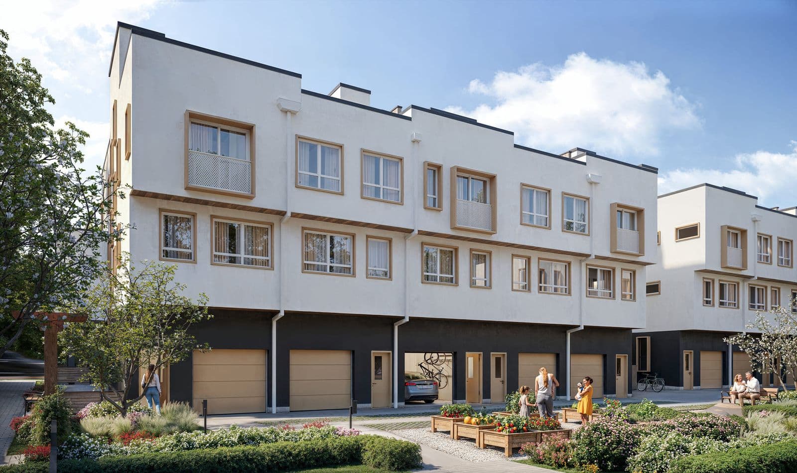 Oaklyn – A row of white three-storey townhomes with wood-trimmed windows and ground-level garages, with residents and children in a landscaped courtyard out front.
