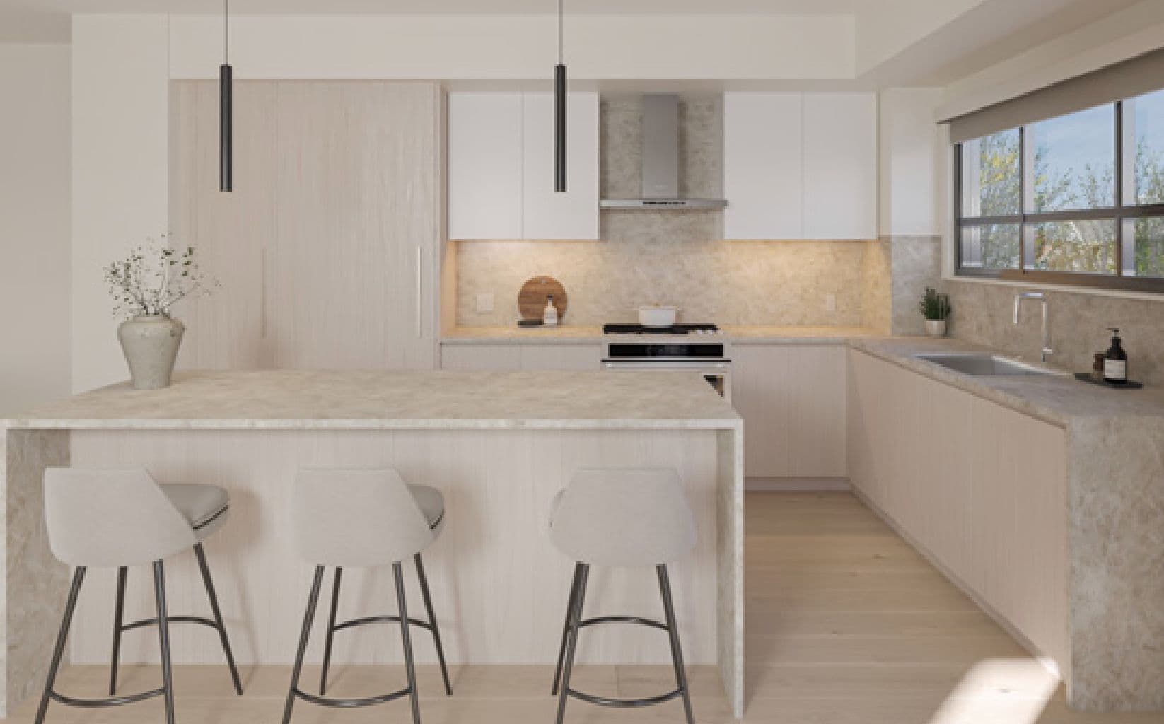Nature's Walk – Kitchen with light wood cabinetry, a large island with three bar stools, and a stainless range hood.