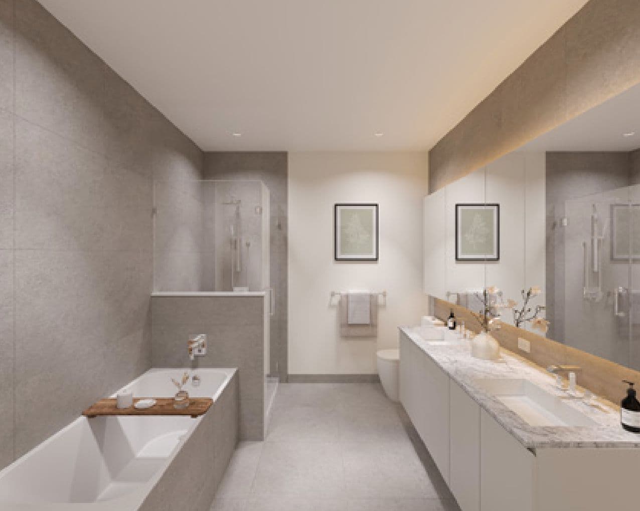 Nature's Walk – Bathroom with a soaking tub, glass-enclosed shower, double vanity with marble counter, and toilet.