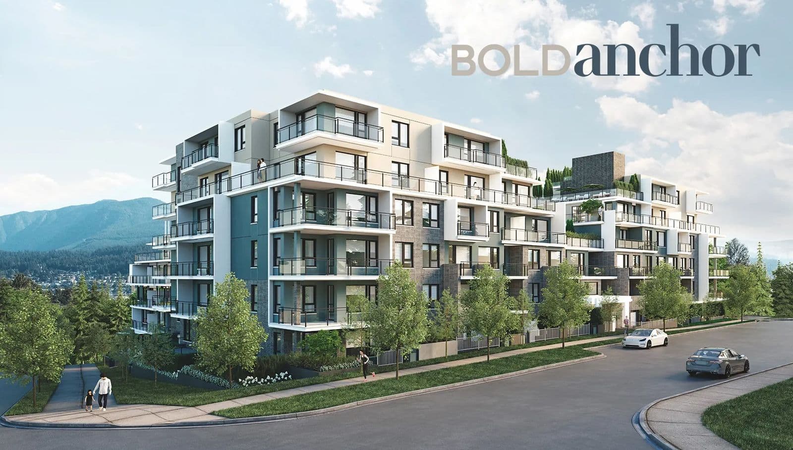 Anchor – Rendering of a multi-story condo building with cream, dark blue-gray, and stone-paneled sections, mountain views in the background, and a Bold Anchor logo overlay.
