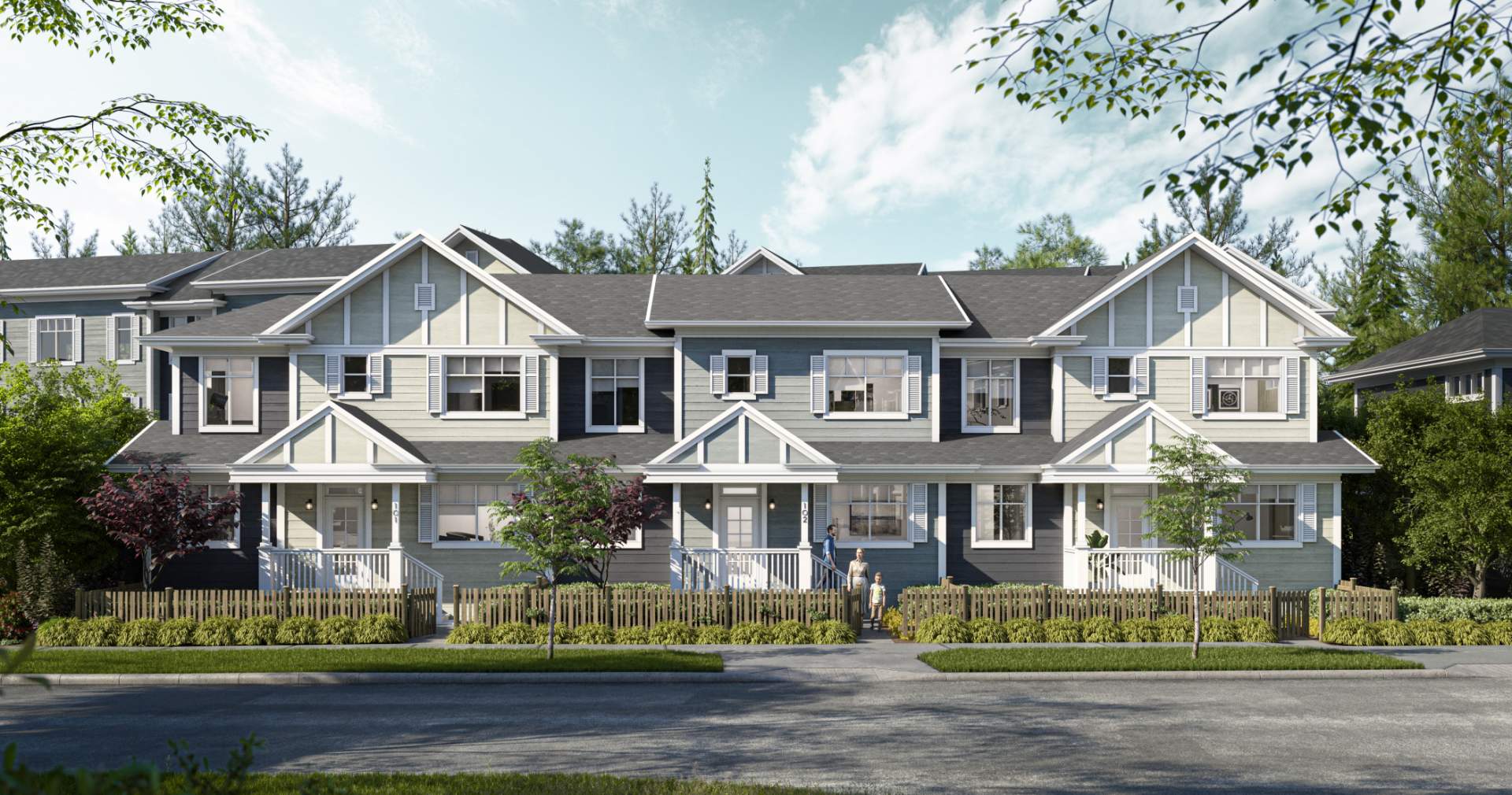 Baycrest West Condos – Daytime rendering of a row of two-story townhomes in blue-gray and cream siding with white porches, gabled roofs and picket-fenced front yards.