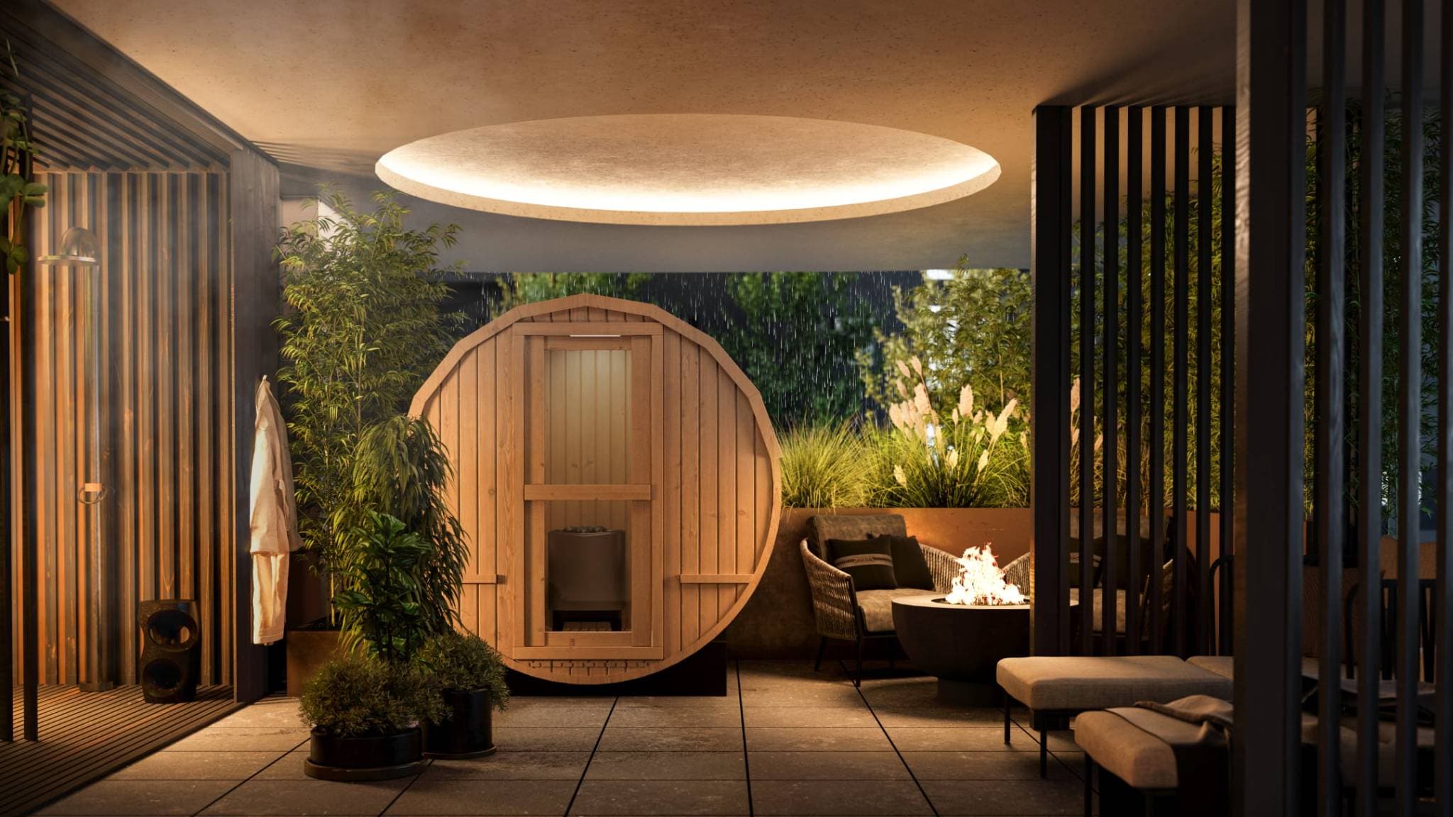 Gardena – A private rooftop terrace at night with an outdoor barrel sauna, rain shower, lounge seating, and a fire pit surrounded by plants.