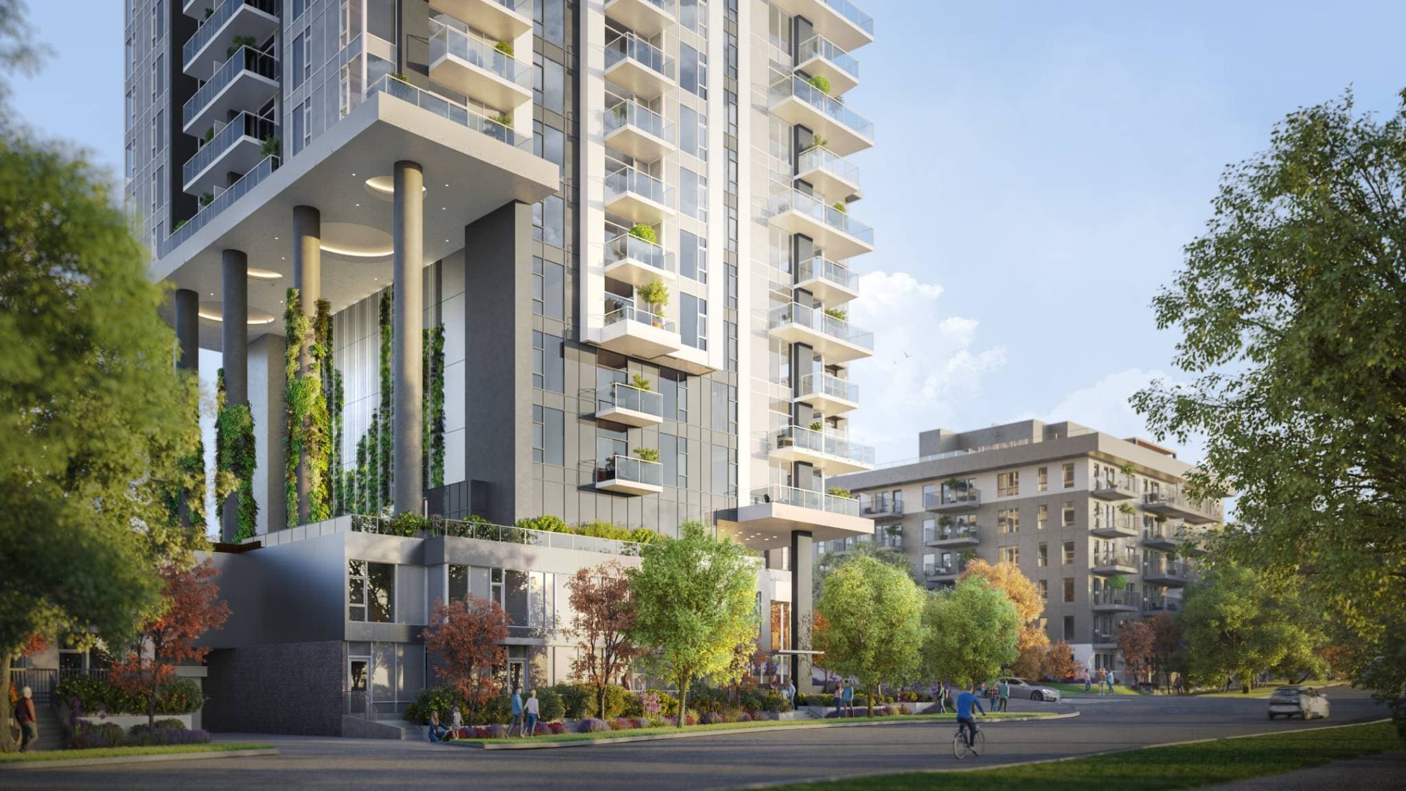 Gardena – A street-level rendering of a tall glass condo tower with a landscaped porte-cochere entrance and hanging greenery, next to a lower brick building, with pedestrians and a cyclist below.