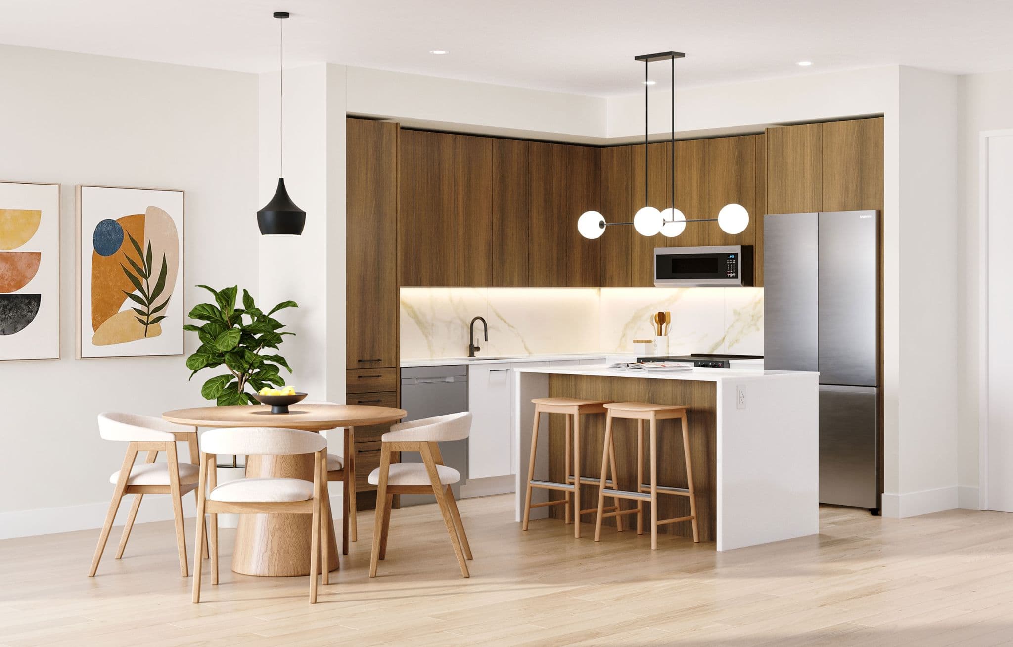 Southbend – A modern open-concept kitchen and dining area featuring warm wood cabinetry, white marble-style backsplashes, and stainless steel appliances. A kitchen island with bar stools sits adjacent to a round wooden dining table surrounded by four upholstered chairs, illuminated by contemporary pendant lighting.