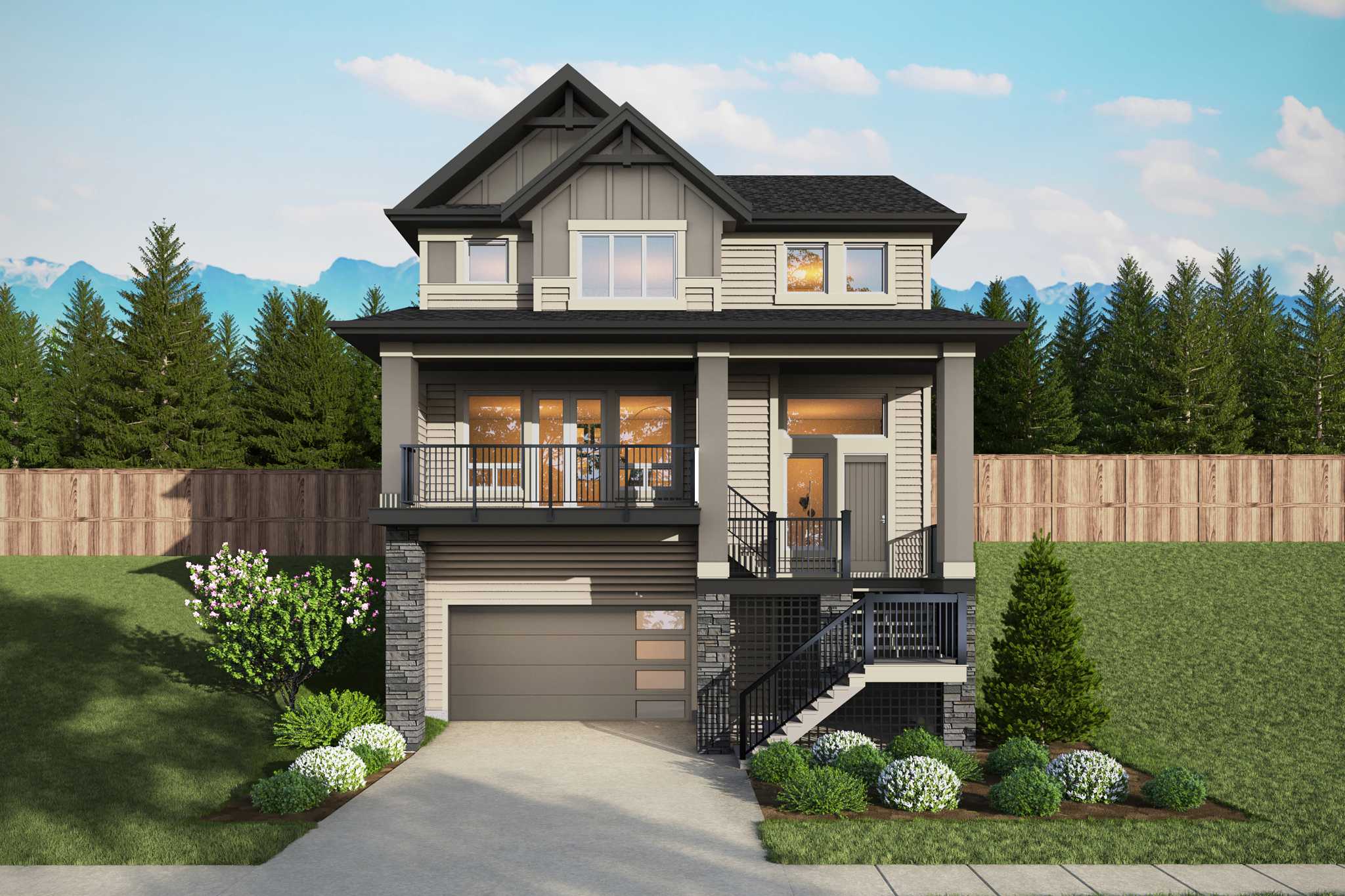 Timbers Edge – Front rendering of a two-story house with a covered porch, double garage, stone accents, and evergreen trees with mountains behind.