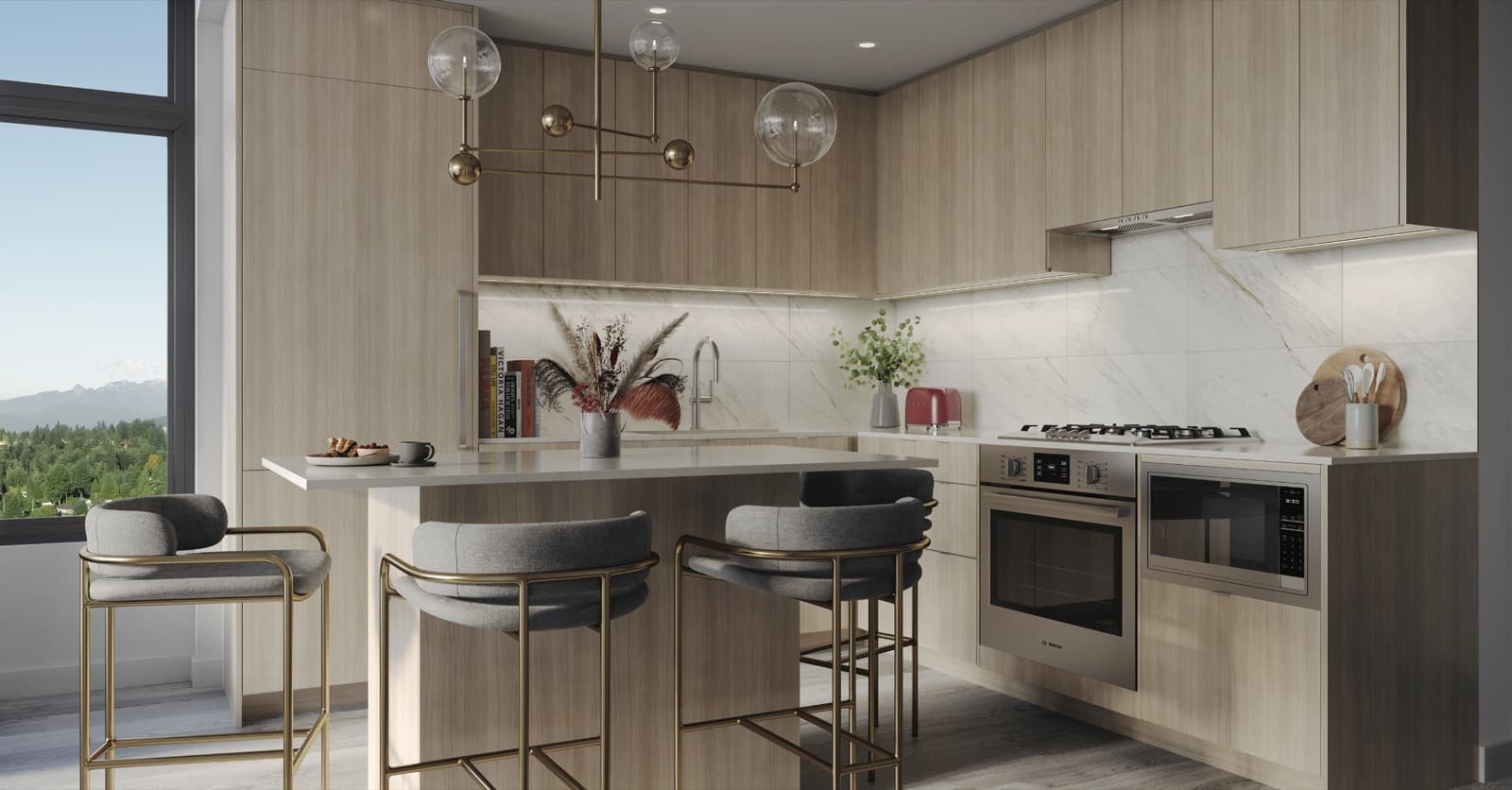 Komo – Kitchen with light wood cabinetry, a marble backsplash, gas cooktop, built-in oven and microwave, and a peninsula with modern bar stools.
