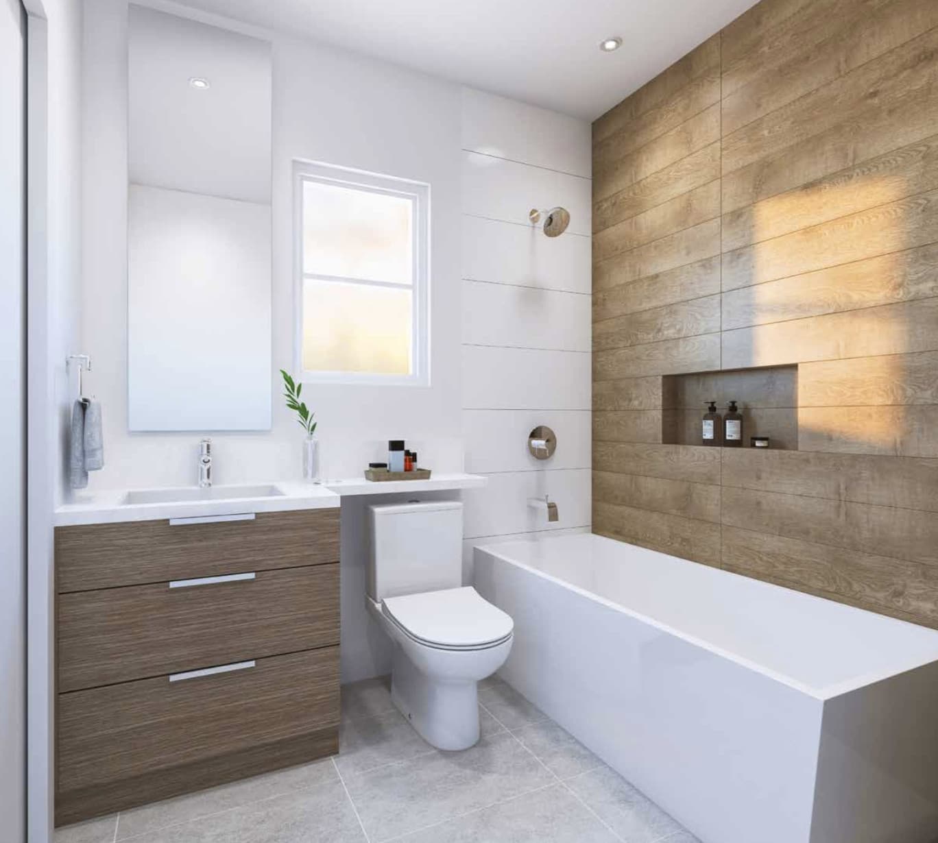 Twelve at Norquay Park – Bathroom with a wood vanity, tall mirror, tub-shower combination, and a wood accent wall behind the tub.