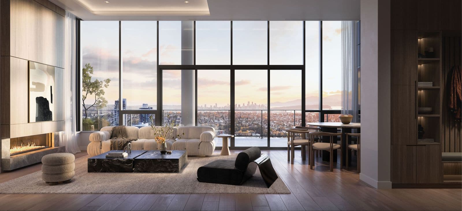 The Amazing Brentwood – Wide view of an open-concept living and dining area with floor-to-ceiling windows showing a city skyline at dusk, sofas, and a dining table.