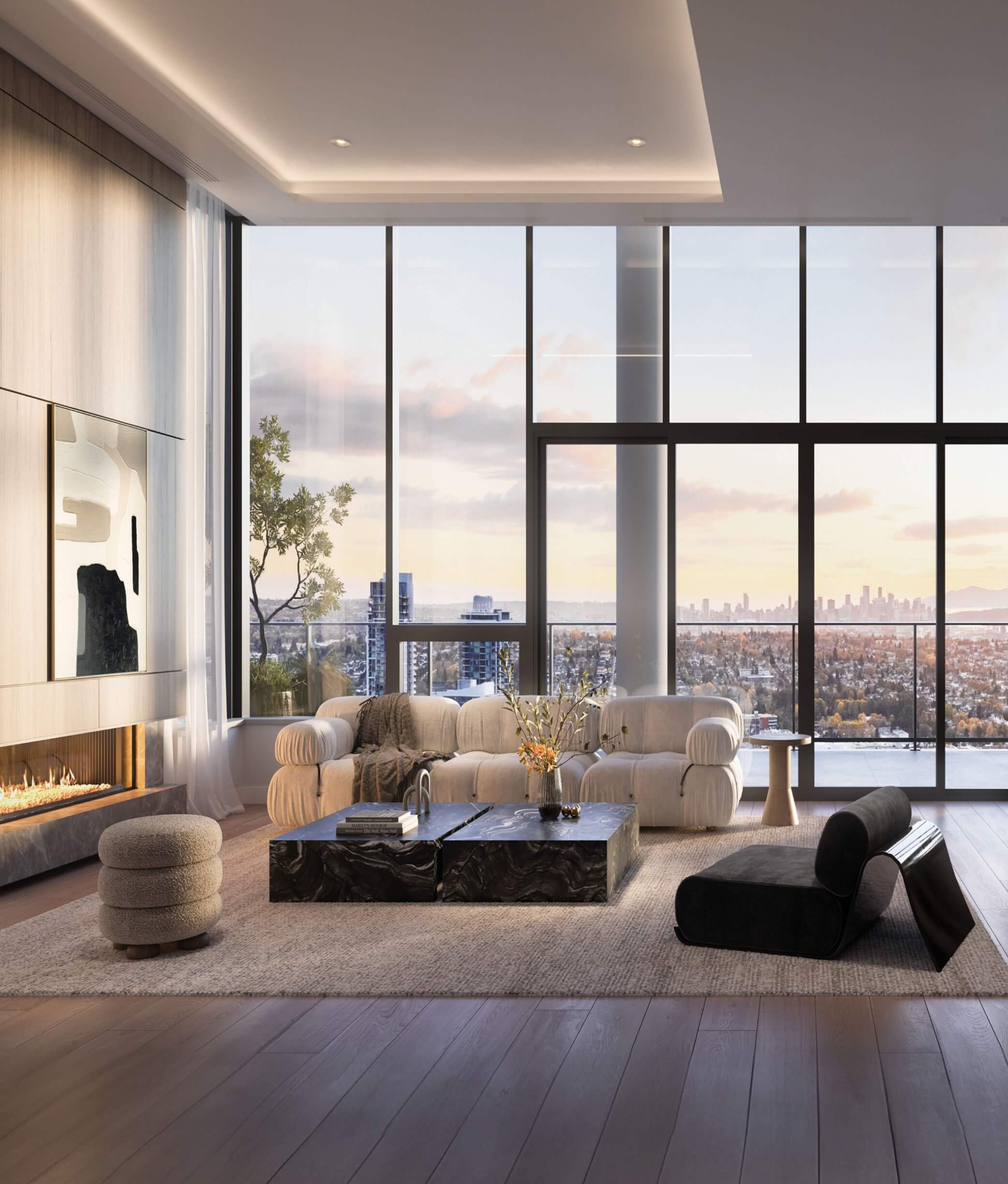 The Amazing Brentwood – High-rise living room with floor-to-ceiling windows showing a city skyline, cream boucle sofas, black marble coffee tables, and a fireplace.