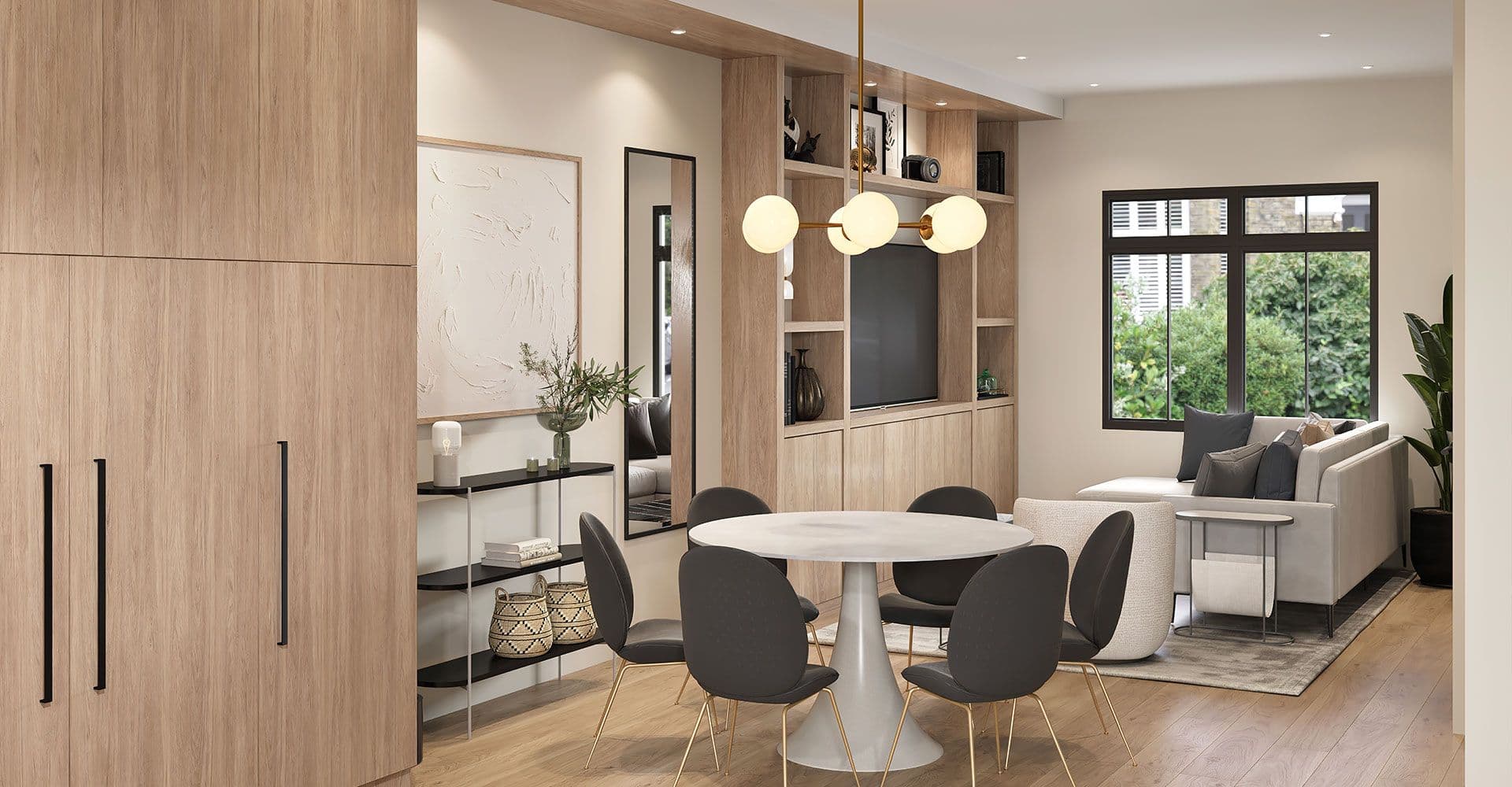 Sapperton – An open living and dining space with a wood-slat feature wall, round dining table with dark chairs, and a built-in TV cabinet.
