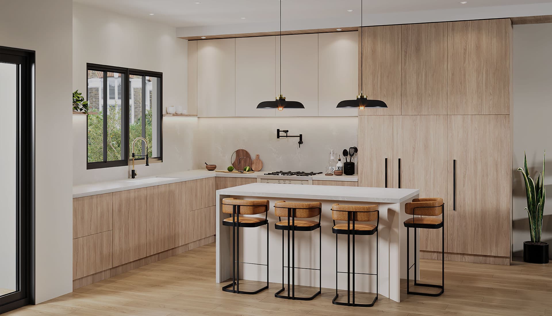 Sapperton – A modern kitchen with wood cabinets, black pendant lights, a large island with leather stools, and a window to a neighboring house.