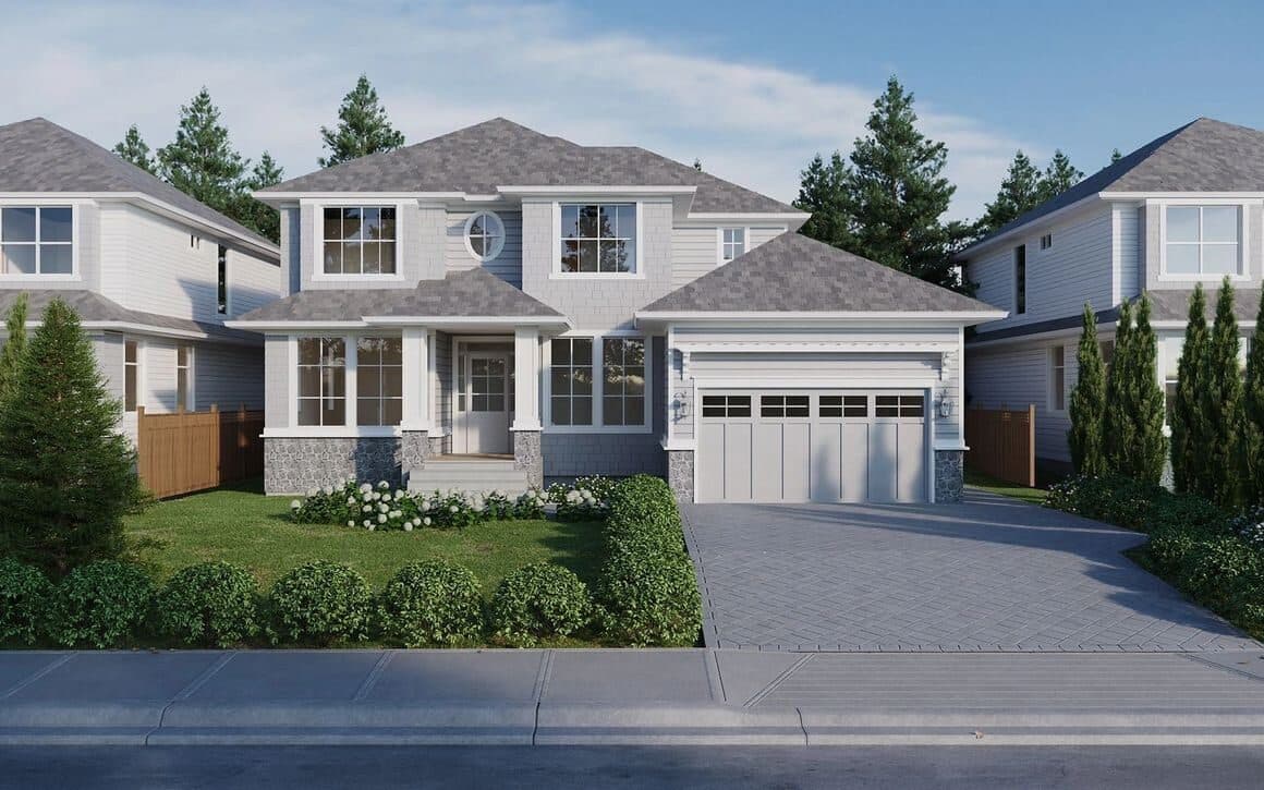 Landmark x Brookswood – A two-story single-family house with light gray siding, stone accent skirting, a round window, and an attached double garage, flanked by neighboring homes.