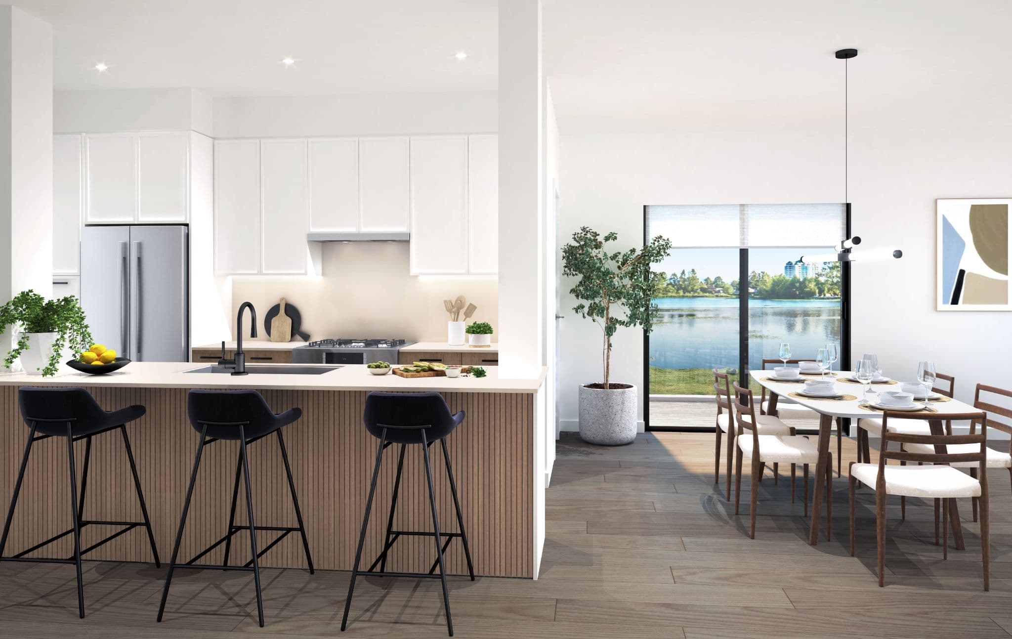 Laurel on Mill Lake – Rendering of a white kitchen with an island, gas cooktop, stainless fridge, and a dining area beside a balcony overlooking a lake and trees.