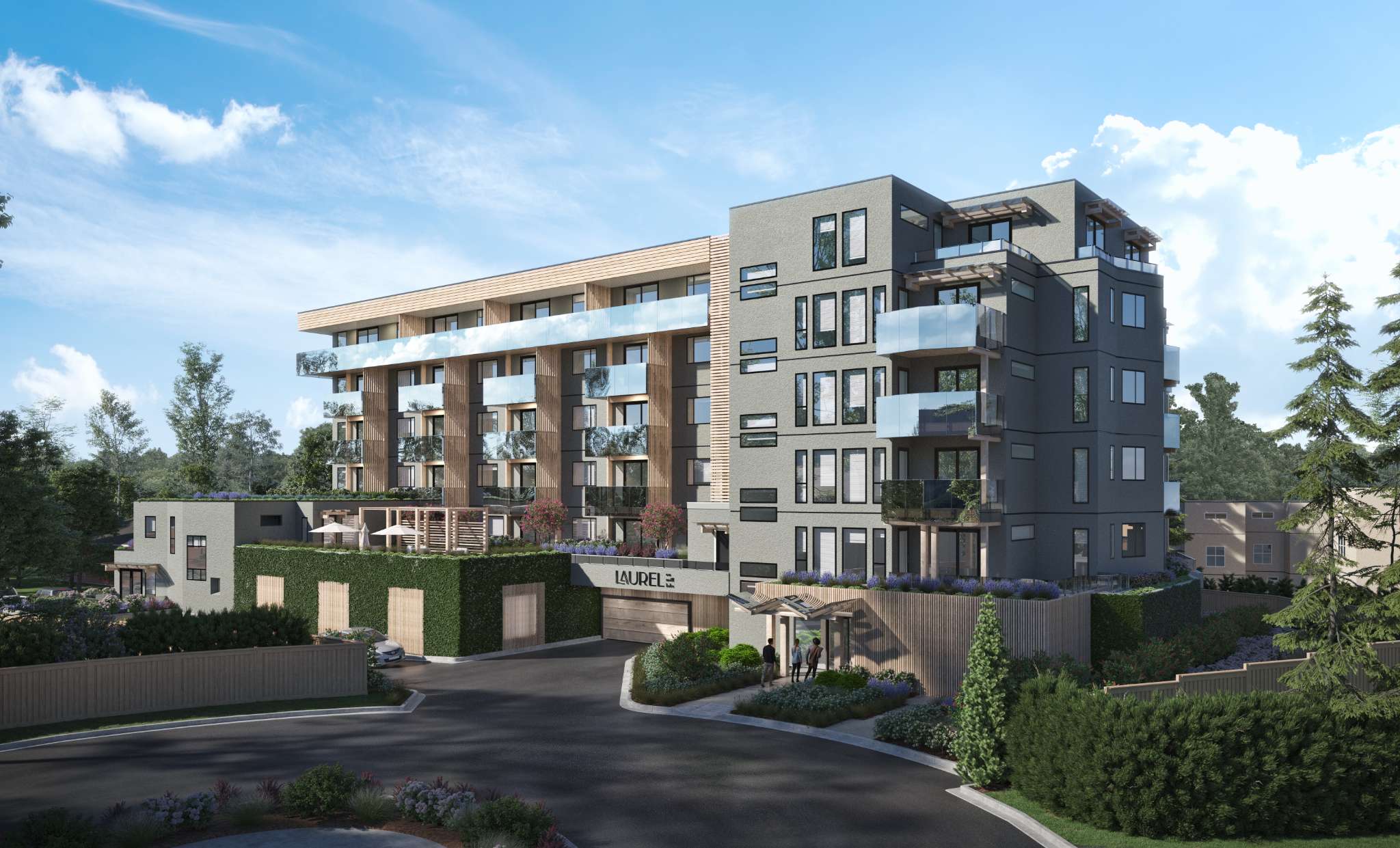 Laurel on Mill Lake – Rendering of the building's main entrance drive with the Laurel sign above the entry, landscaped hedges, and people walking toward the lobby doors.
