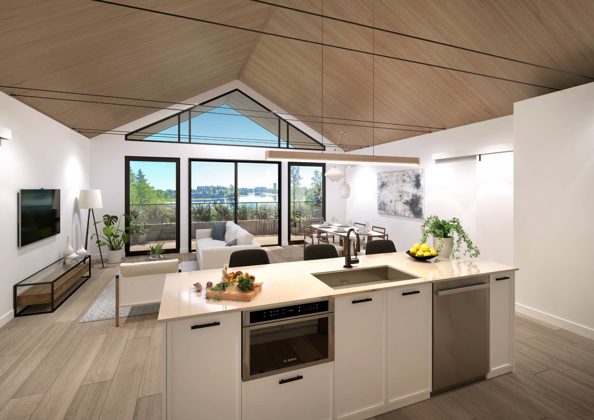 Laurel on Mill Lake – Rendering of an open-concept kitchen island and living room with vaulted wood ceiling, dining table, and glass doors leading to a balcony with a lake view.