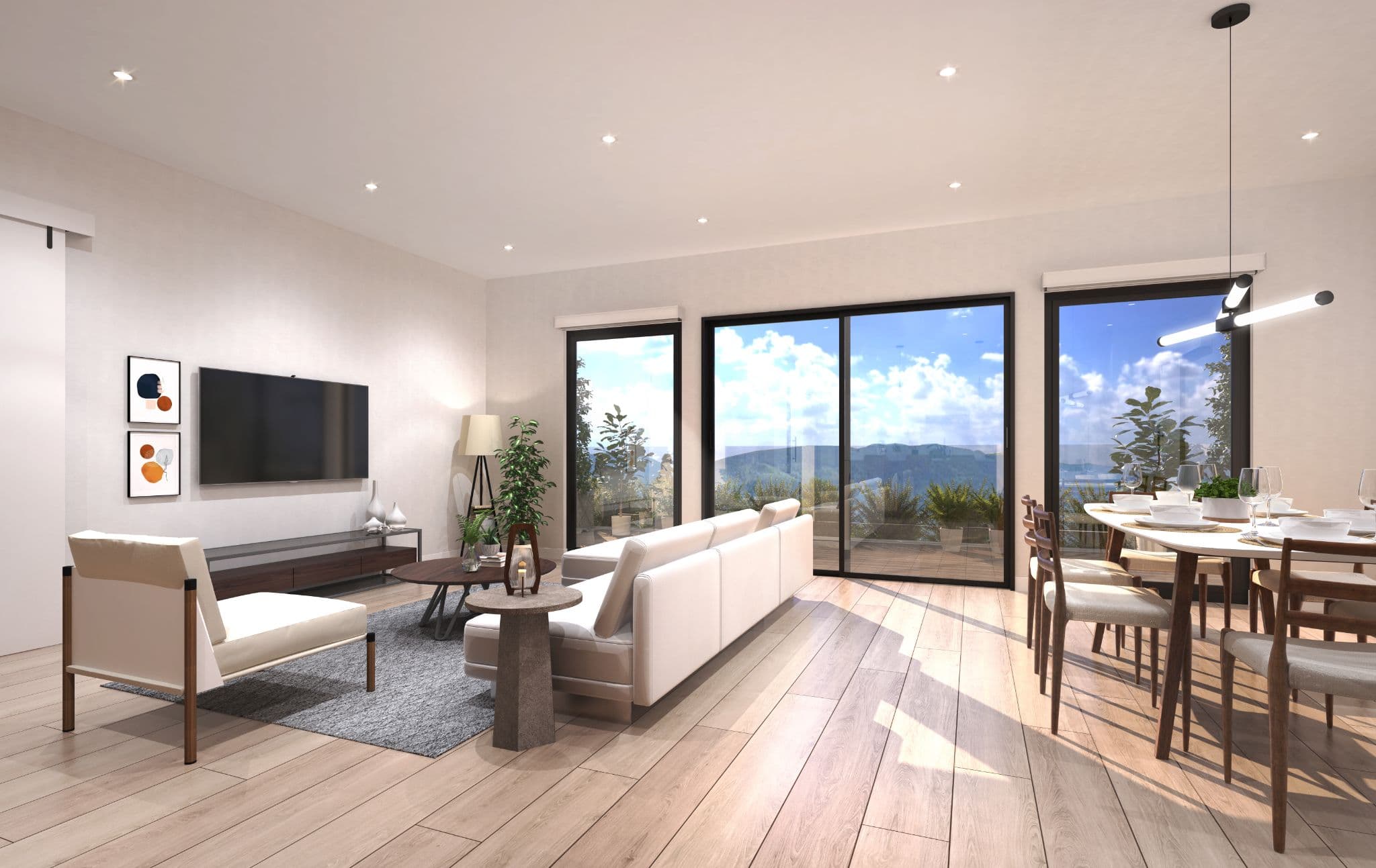 Laurel on Mill Lake – Rendering of an open-concept living and dining room with a light sofa, TV on the wall, wood dining table, and large sliding glass doors opening to a balcony with a hill view.