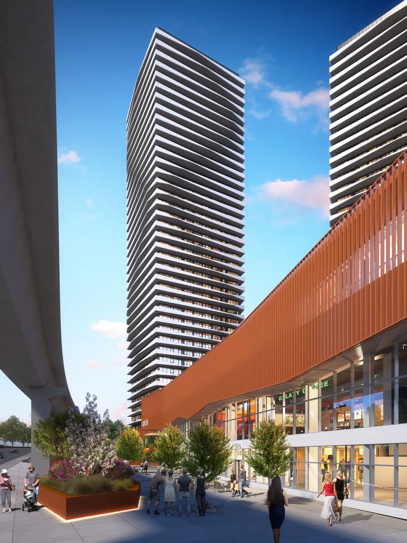 Orion – A ground-level rendering of a modern urban development featuring high-rise towers with undulating white balconies soaring above a copper-paneled retail podium. Pedestrians stroll along a bright, landscaped plaza with planters and shops, adjacent to a curved elevated transit guideway on the left.