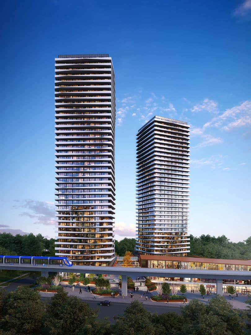 Orion – An elevated view of two modern high-rise residential towers featuring undulating white horizontal balcony bands, rising above a mixed-use retail podium. In the foreground, an elevated light rail transit line with a blue train runs across the pedestrian plaza against a clear blue evening sky.