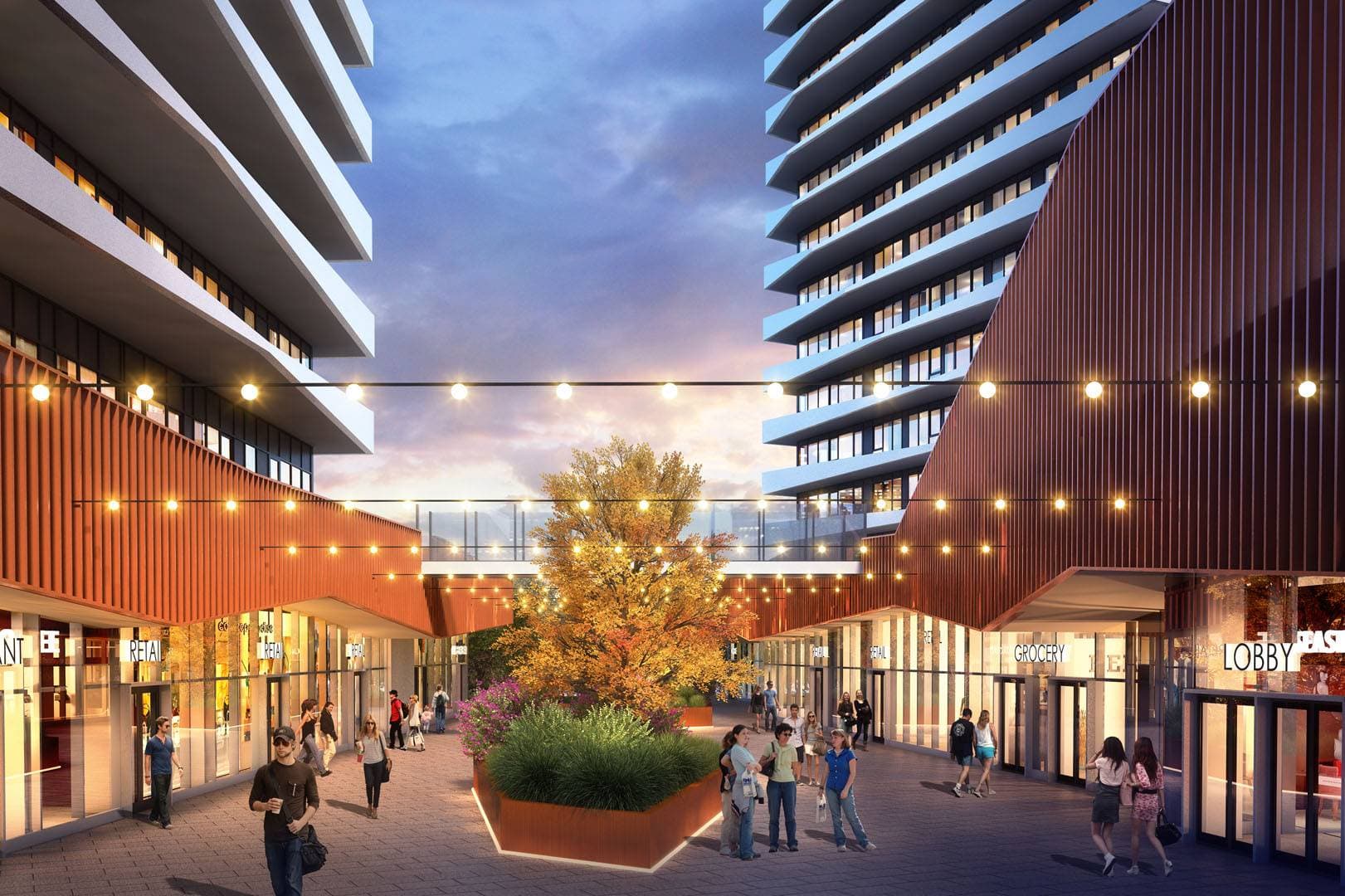 Orion – A pedestrian-friendly outdoor retail plaza set between the bases of two modern high-rise towers, framed by string lights overhead against a twilight sky. Planters with trees and greenery accent the paved walkway lined with storefronts, glass lobbies, and warm copper-toned architectural canopies.