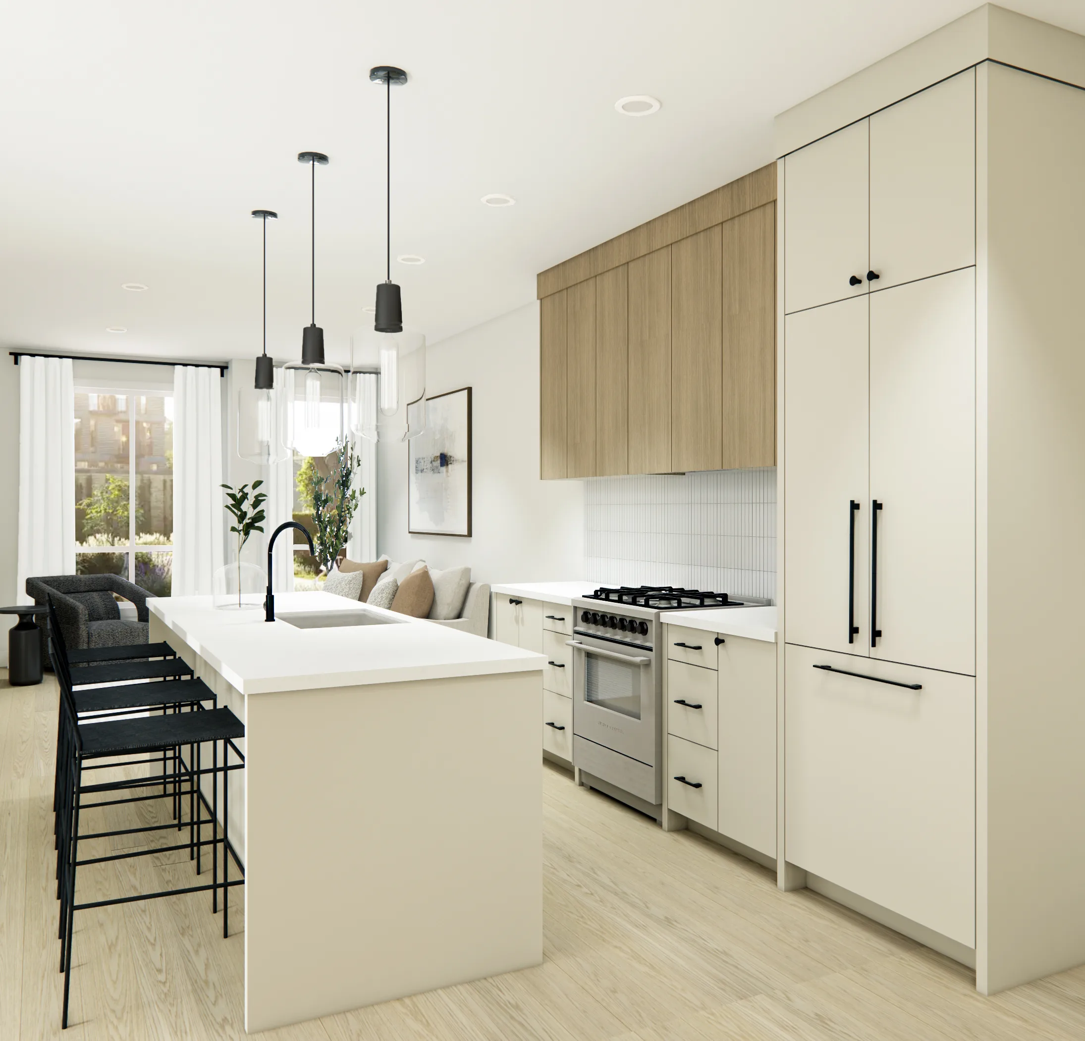 Core Townhomes – Kitchen with an island featuring black bar stools, pendant lighting, a built-in stainless range and fridge, wood upper cabinets, and a view to a living area.