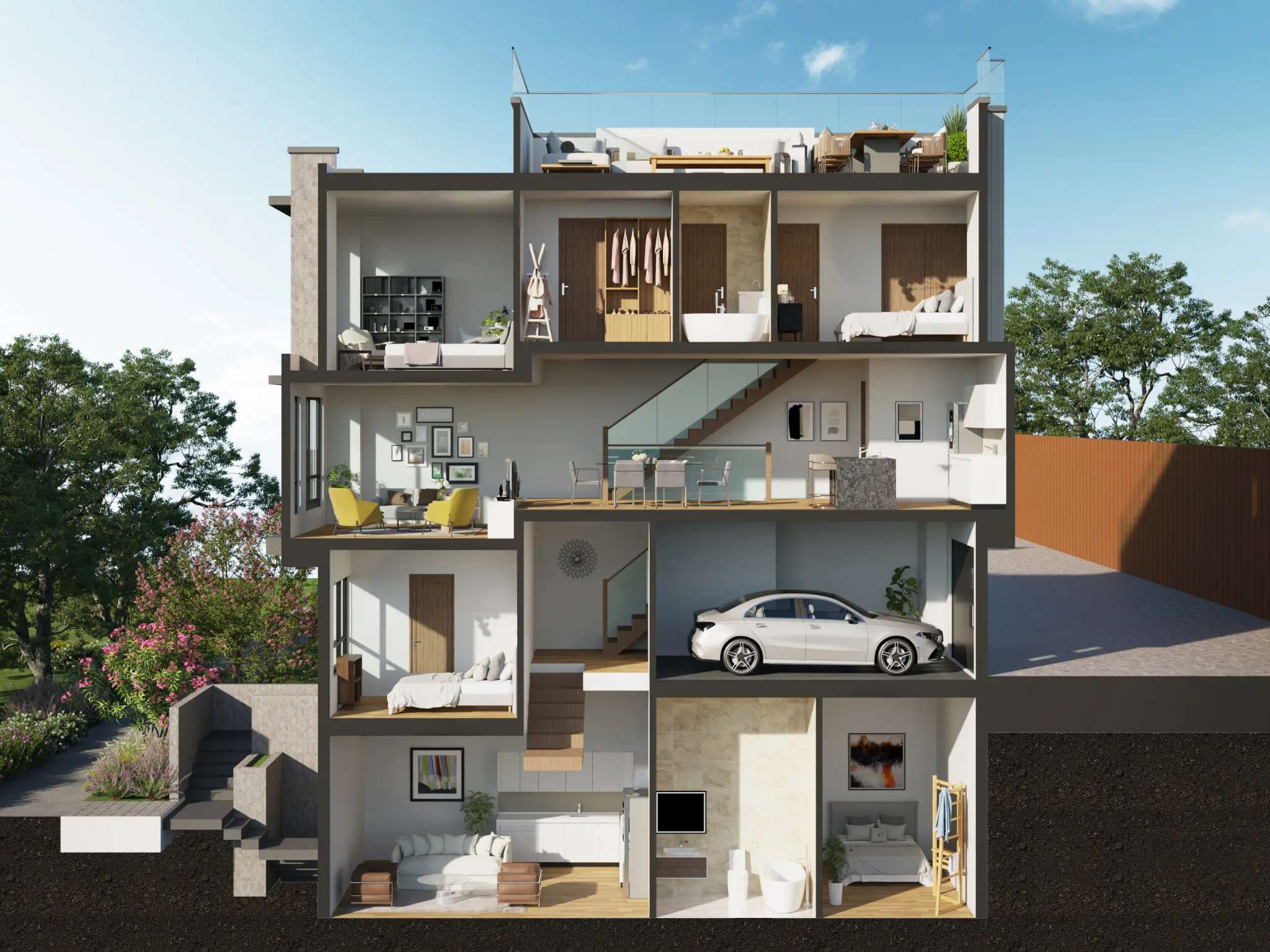 Core Townhomes – Illustrated cutaway cross-section of the entire townhome showing multiple stacked floors including a rooftop deck, bedrooms, closets, living areas, a garage with a car, and a lower-level suite.