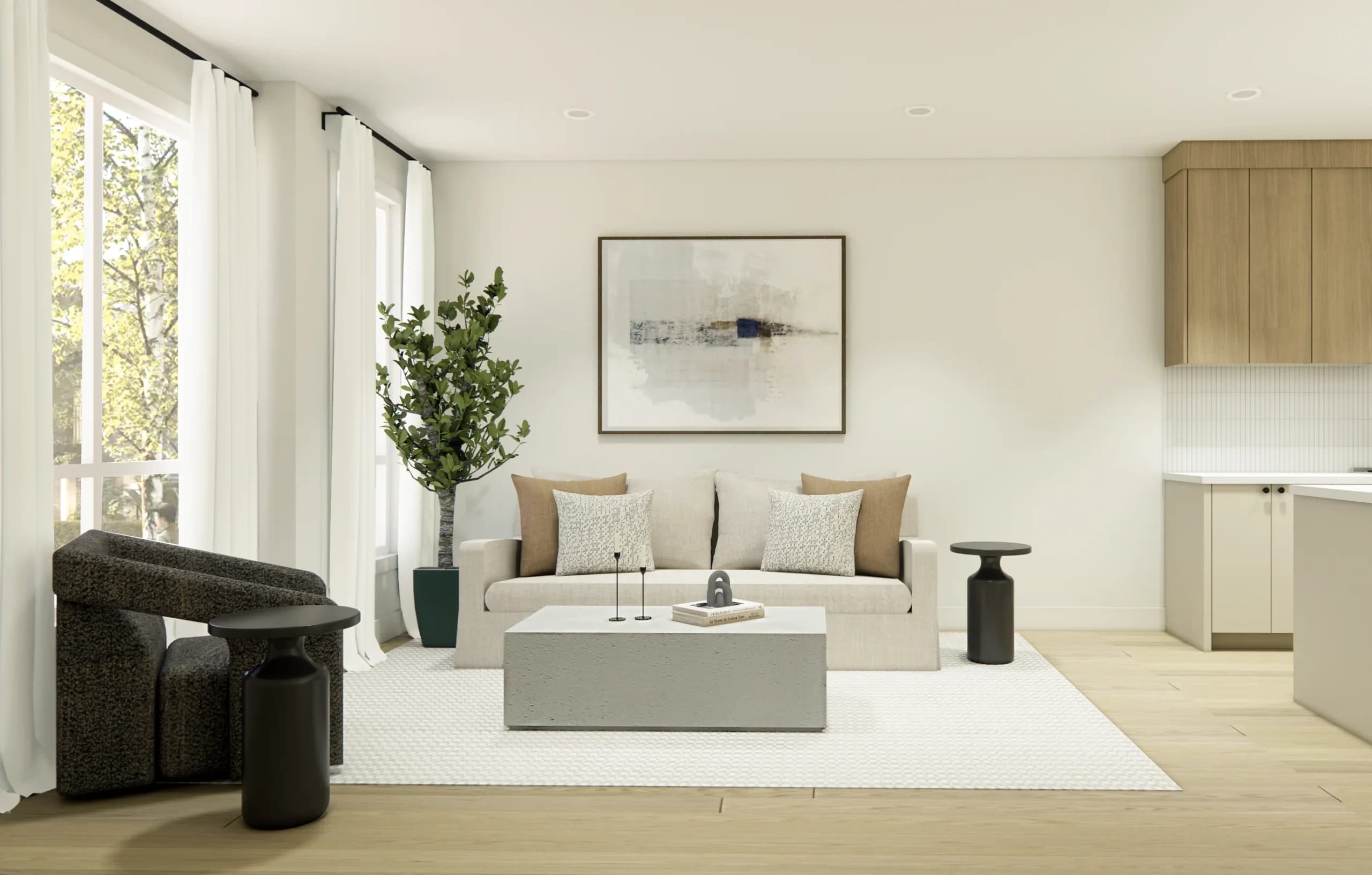 Core Townhomes – Living room with a beige sofa, dark accent armchair, a concrete coffee table, and a large plant beside floor-to-ceiling curtained windows.