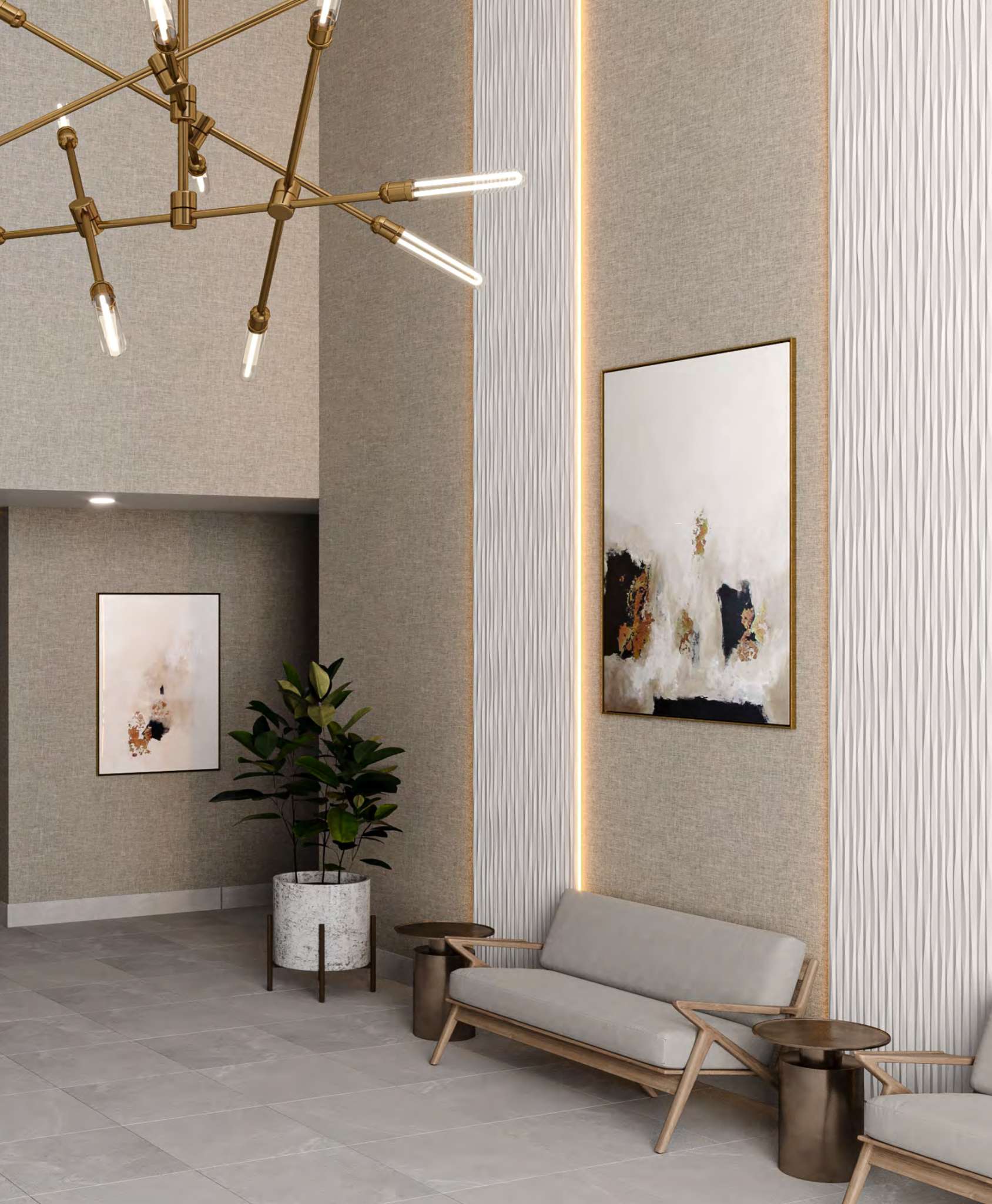 JEM Condos – Lobby lounge area with a gold sculptural chandelier, textured wall panels, abstract artwork, and a wood-frame sofa on a stone floor.
