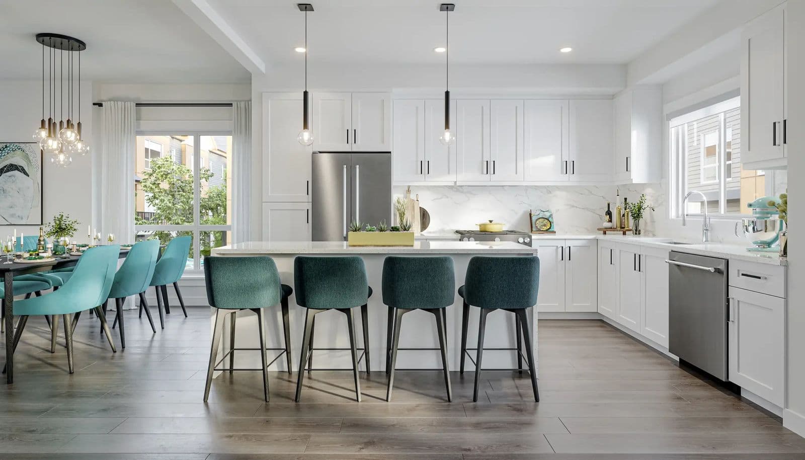 Liberty Encore – Kitchen rendering with white cabinetry, marble backsplash, stainless fridge, an island with teal bar stools, and a dining table with matching teal chairs visible.