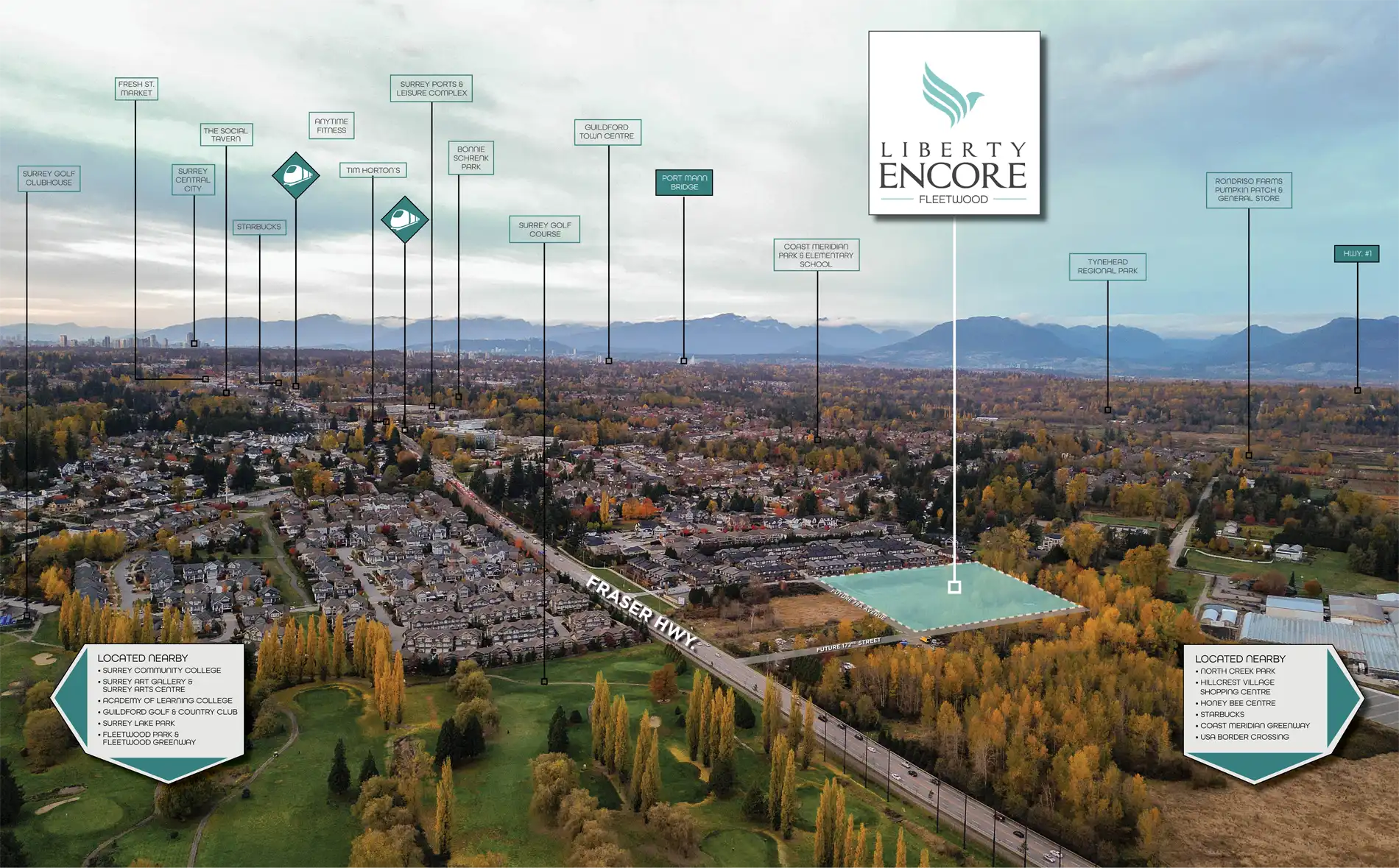 Liberty Encore – Aerial marketing map at dusk showing the Liberty Encore Fleetwood project site and labeled nearby amenities, roads, and mountains in the distance.