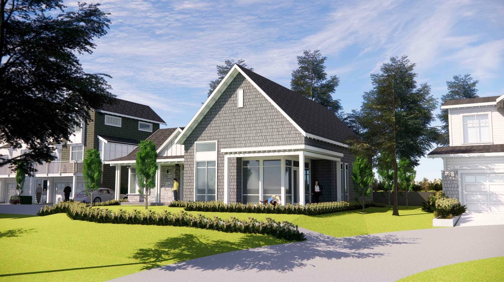 Ocean Park – A ground-level architectural rendering of modern craftsman-style homes featuring grey shingle siding, crisp white trim, and dark steep-gabled roofs. The property includes a manicured green lawn, neat low hedges, surrounding evergreen trees, and a bright blue sky with light clouds.