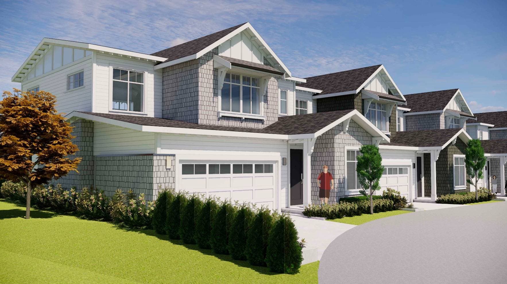 Ocean Park – A rendering of modern coastal-style townhomes featuring grey shingle siding, white trim, gabled roofs, and attached two-car garages. Set against a bright blue sky, the street-level scene includes manicured green lawns, neat hedges, and small trees along a paved driveway.