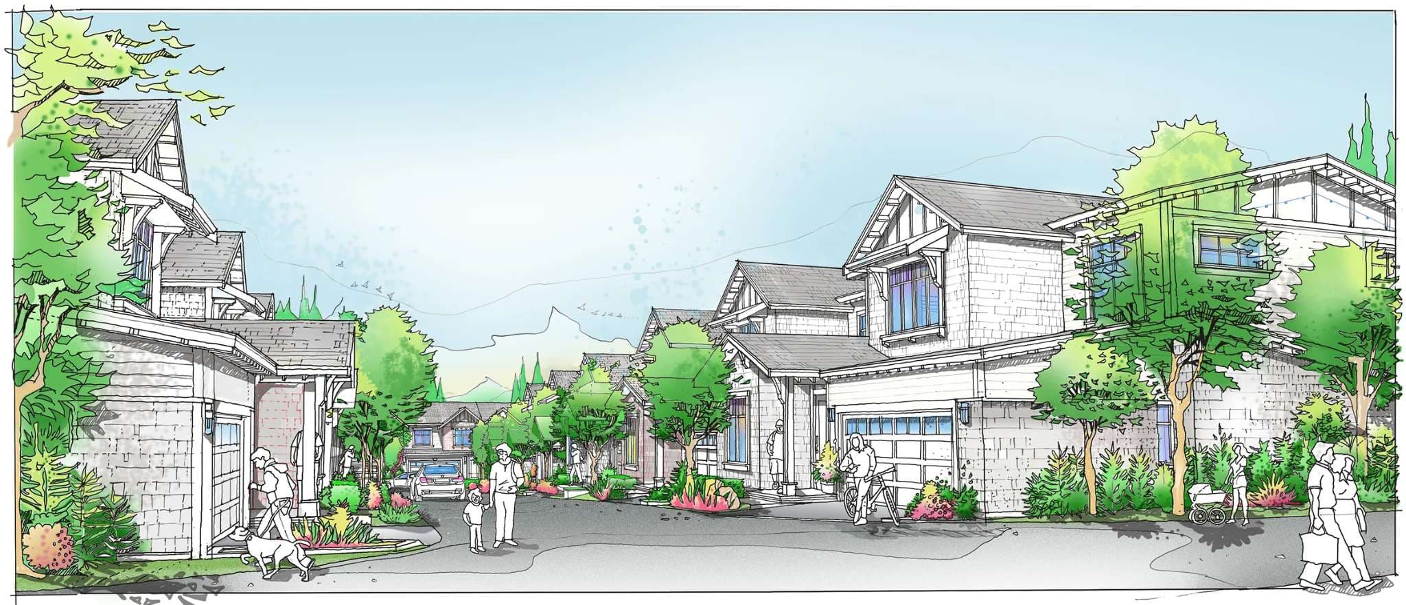 Ocean Park – An architectural color sketch illustrating a residential street lined with craftsman-style townhomes featuring garage doors, gabled roofs, and shingle siding. Illustrated pedestrians, including people walking dogs, pushing strollers, and riding bicycles, populate the paved lane surrounded by green trees and landscaping under a clear sky.