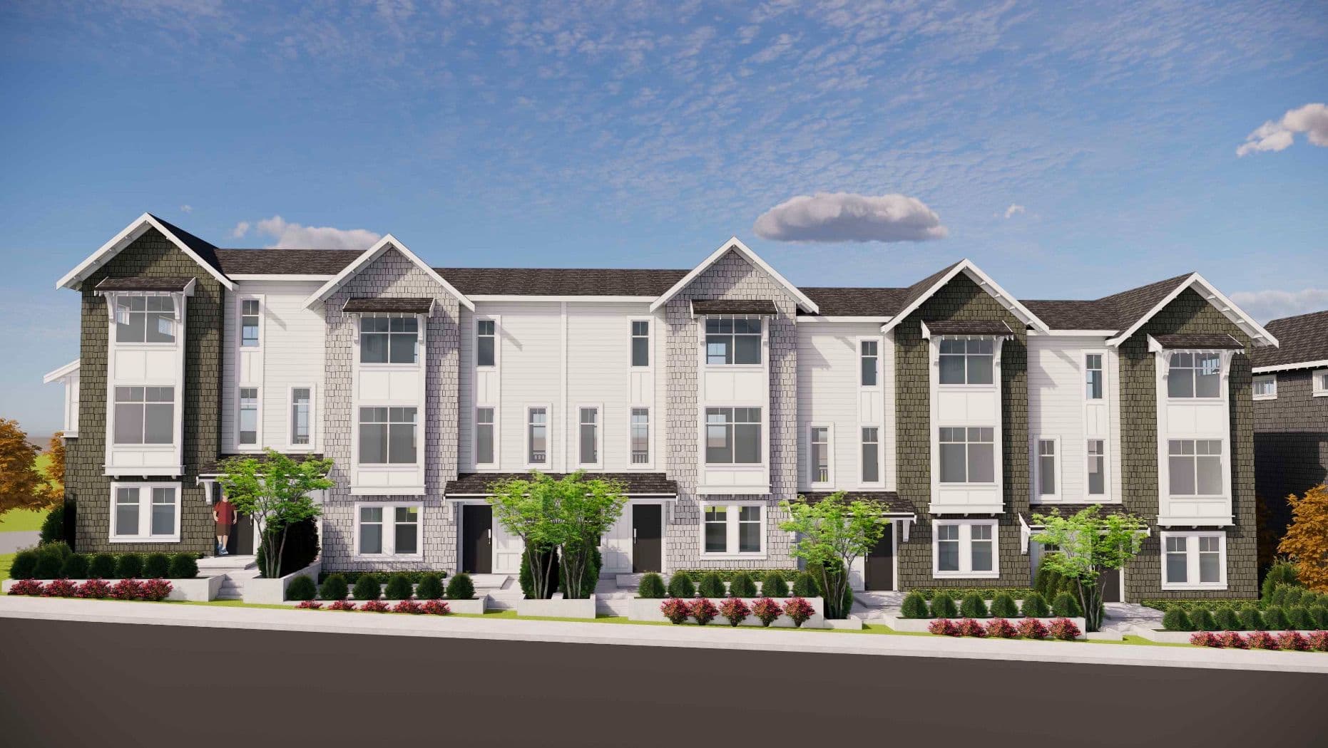 Ocean Park – A front-facing exterior rendering shows a row of modern three-story townhomes with gable roofs, pitched overhangs, and a mix of white horizontal siding and dark grey shingle accents. The street level features landscaped planters with green shrubs, small trees, and bright pink flowers along a concrete sidewalk under a clear blue sky.
