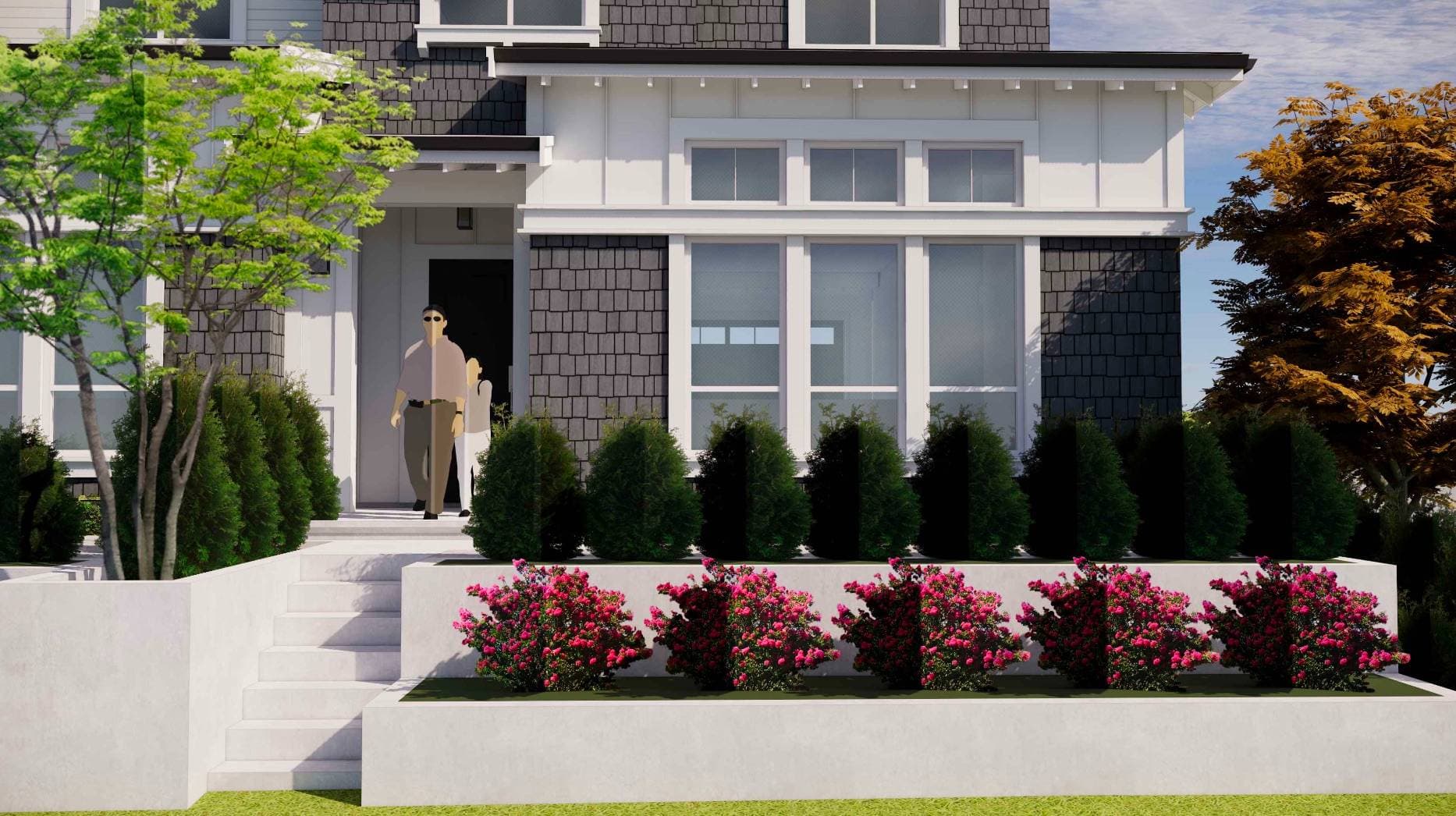 Ocean Park – A ground-level front entry shot of a modern Craftsman-style home featuring charcoal shingle siding, white board-and-batten trim, and large transomed windows. Terraced concrete steps lead past vibrant pink flowering bushes and manicured green hedges under bright daylight, with two stylized figures standing near the covered front porch.