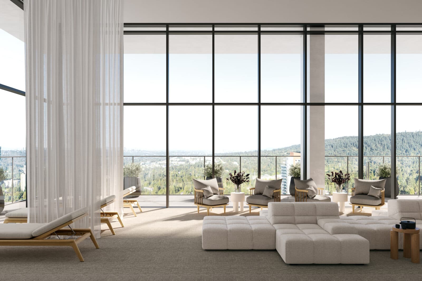 Jinju – A bright and airy relaxation lounge features modular cream sofas, modern armchairs, and reclining chaise lounges separated by a sheer white curtain. Massive floor-to-ceiling grid windows reveal an outdoor terrace with potted plants and an expansive daytime view of forested hills and distant cityscapes.